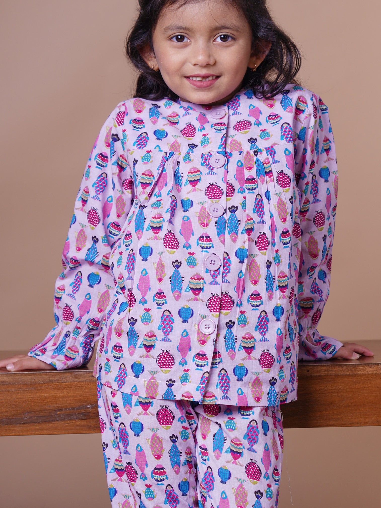Little Carrot Fish Themed Pure Cotton Lounge Set Night Suit, , premium kids' wear for girls, size 4-5-years.