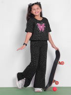 Little Carrot Girls Black Animal Printed Co Ord Set With Butterfly Detailing, Animal Print, premium kids' wear for girls, size 5-6-years.
