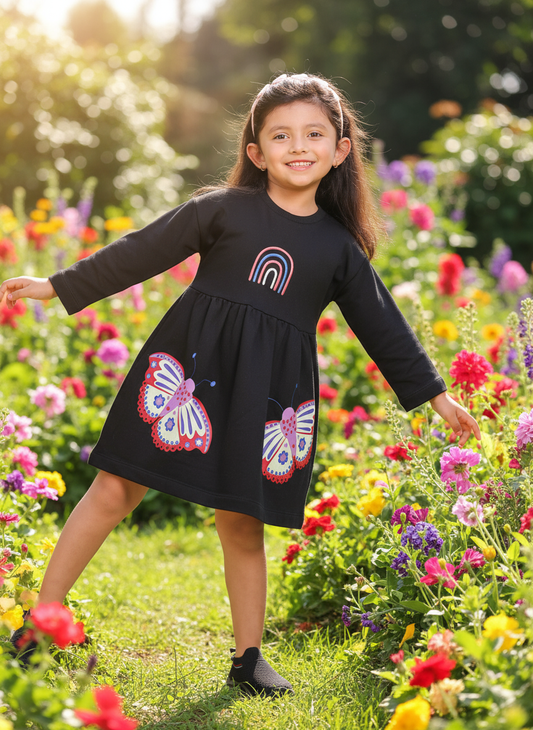 Outdoor Garden Lifestyle Shot of LIttle Carrot Winter Butterfly Dress