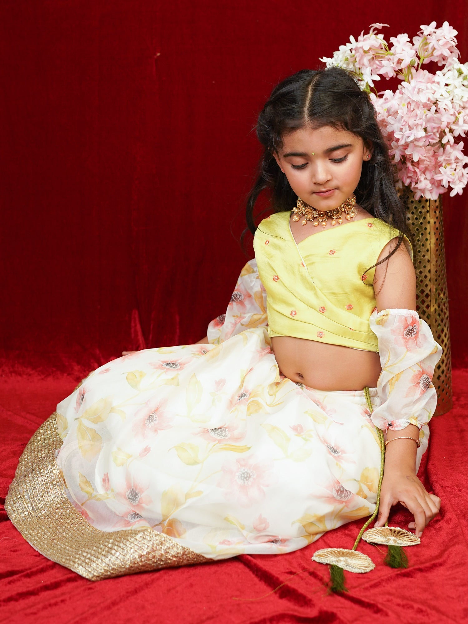 Little Carrot Girls Floral Lehenga With Pleated Blouse Floral Sleeves, Cotton Lined, premium kids' wear for girls, size 2-3-years.