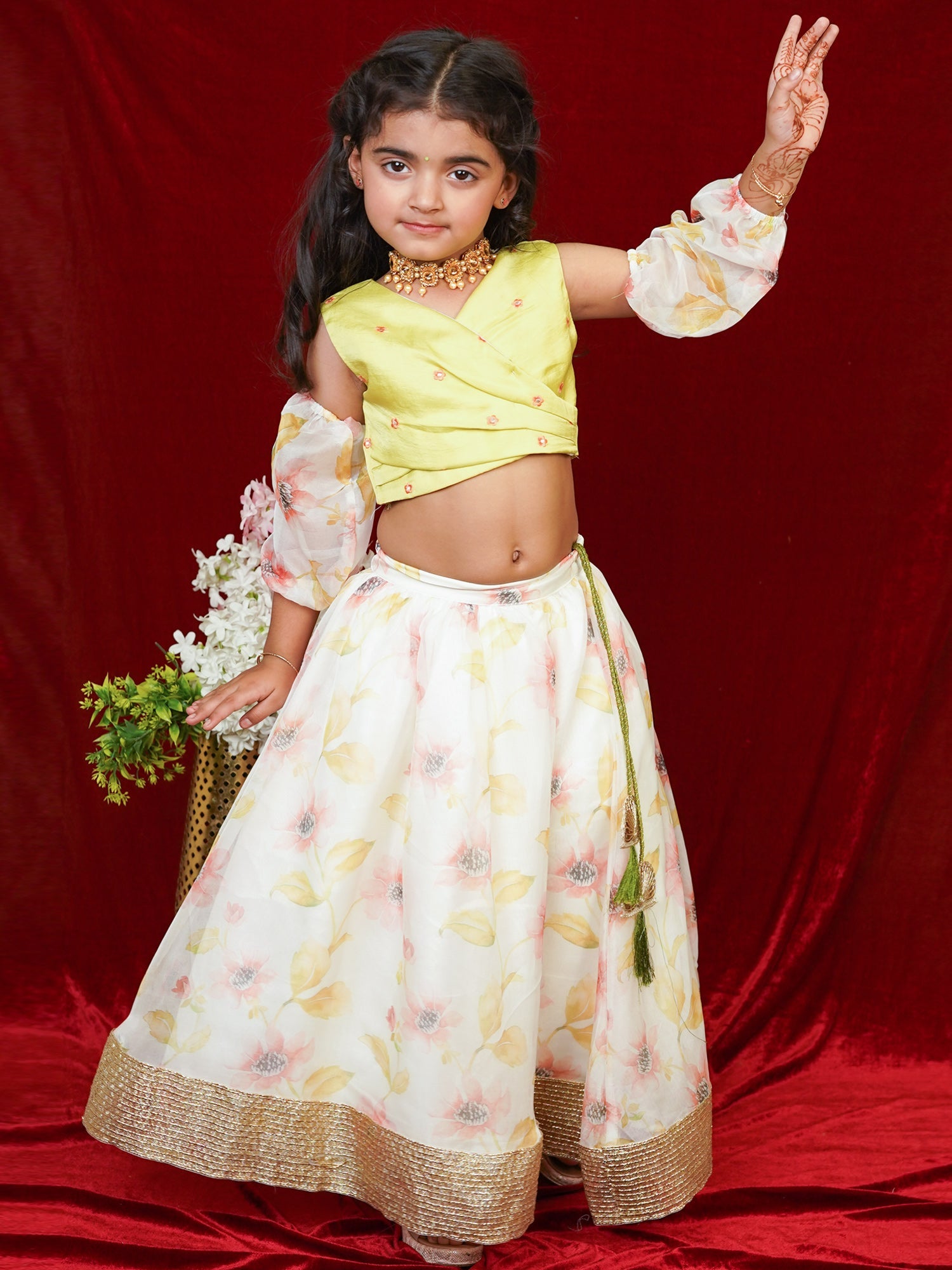 Little Carrot Girls Floral Lehenga With Pleated Blouse Floral Sleeves, , premium kids' wear for girls, size 3-4-years.