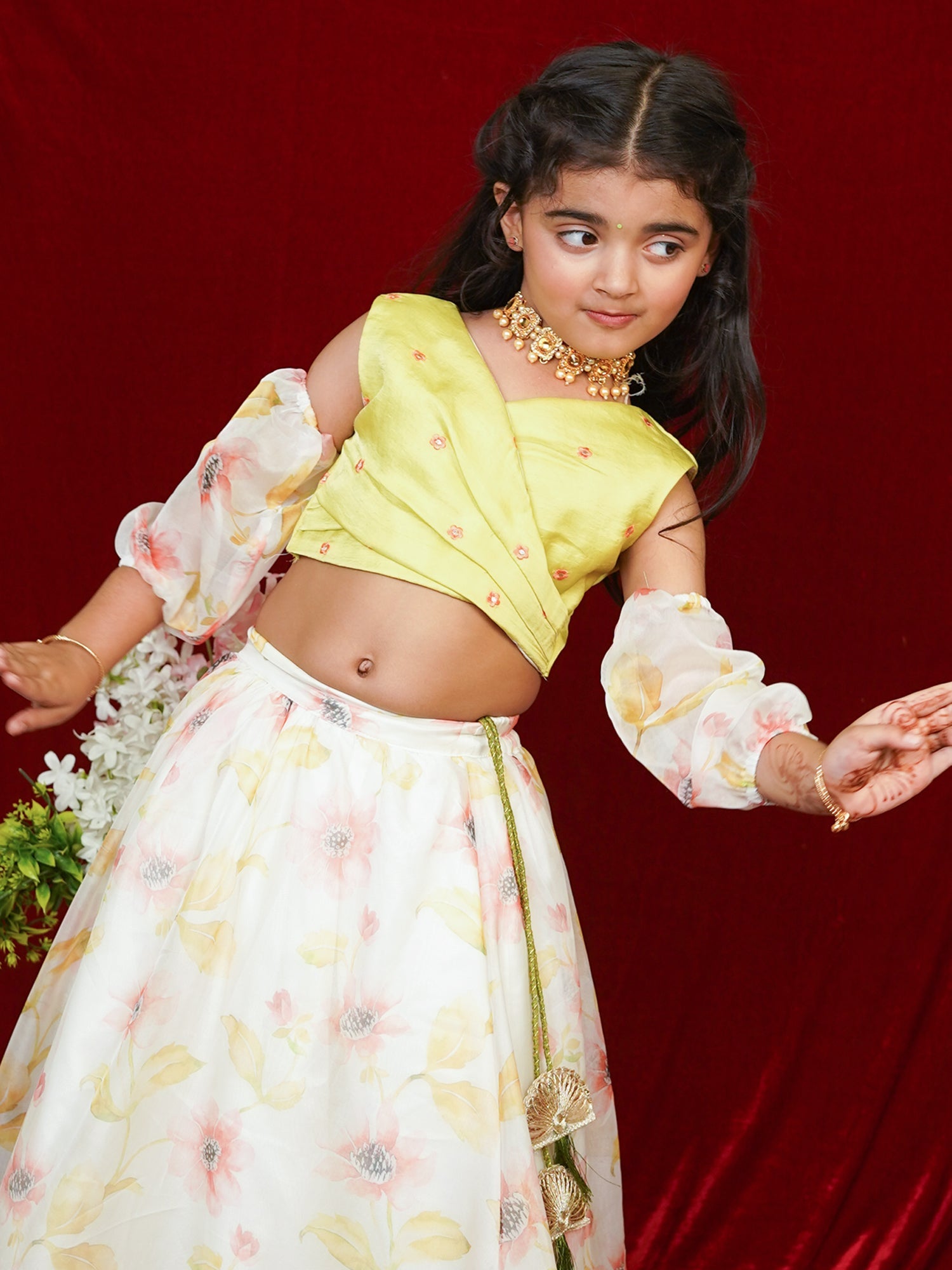 Little Carrot Girls Floral Lehenga With Pleated Blouse Floral Sleeves, , premium kids' wear for girls, size 4-5-years.