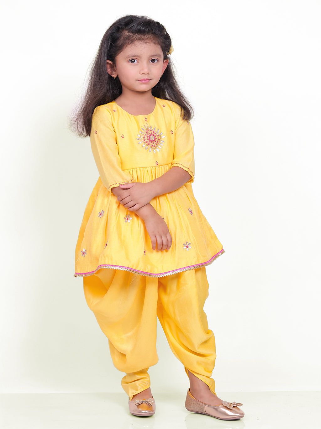 Little Carrot Girls Hand Embroidered Kurta Set With Dhoti Pants 1, Cotton Lined, premium kids' wear for girls, size 2-3-years.