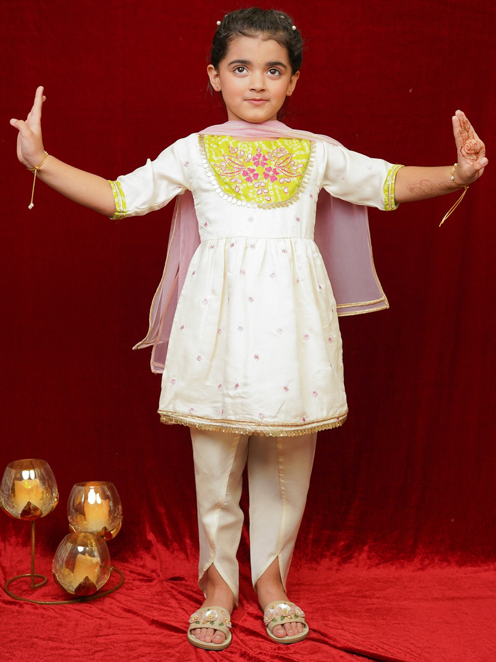Little Carrot Girls Handwork Embellished Dhoti Kurta Set With Dupatta, Cotton Lined, premium kids' wear for girls, size 2-3-years.