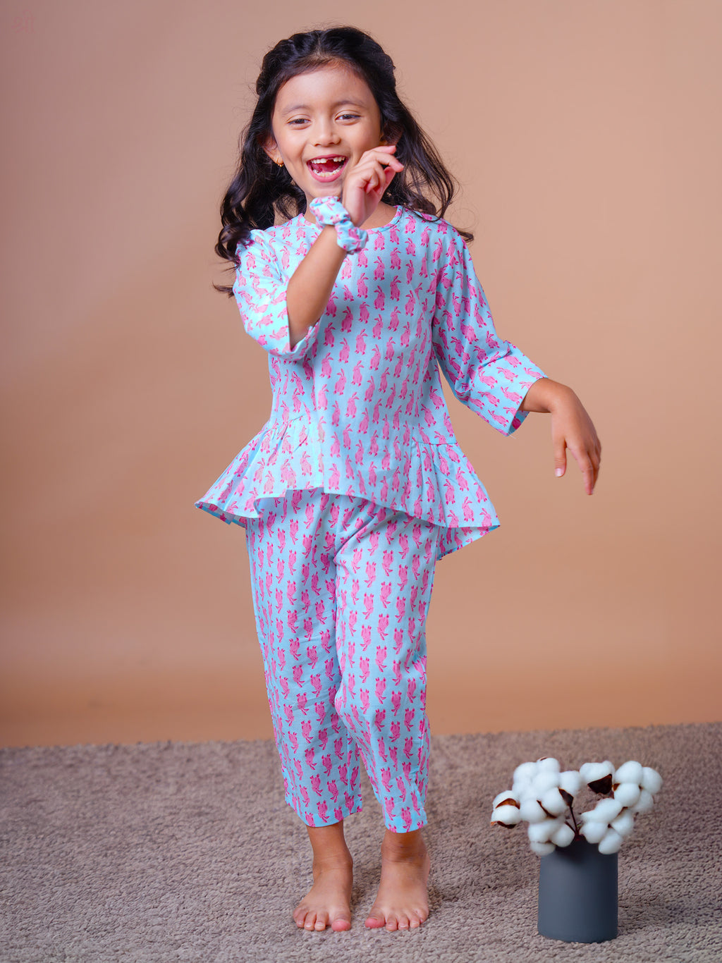 Little Carrot Girls Rabbit Printed Cotton Loungewear Set With Frill Detailing, Animal Print, premium kids' wear for girls, size 2-3 years.
