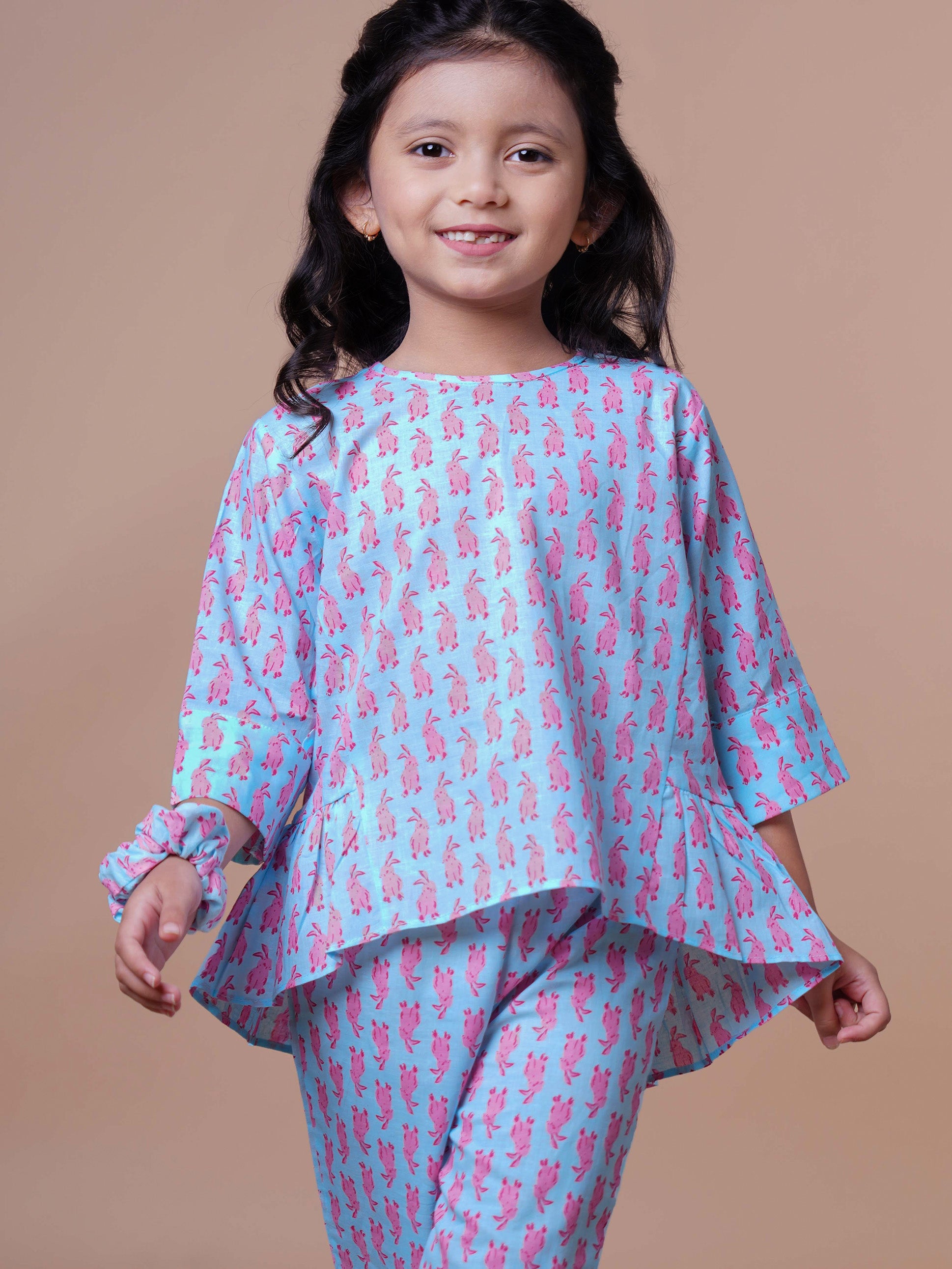 Little Carrot Girls Rabbit Printed Cotton Loungewear Set With Frill Detailing, , premium kids' wear for girls, size 4-5 years.