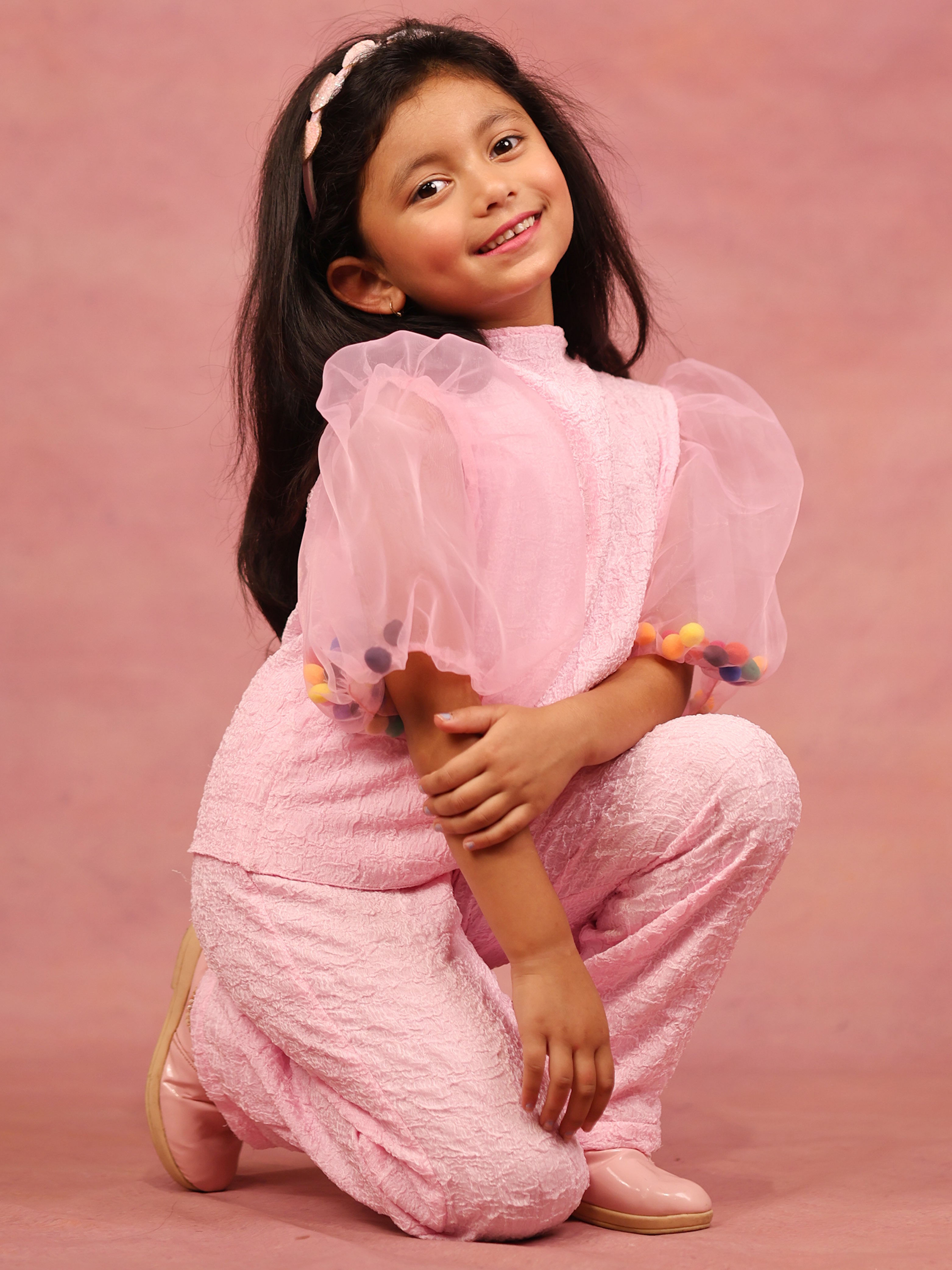 Little Carrot Girls Textured Pink High Neck Clothing Set With Puff Sleeves Pom Pom Filler, Autumn, premium kids' wear for girls, size 4-5-years.