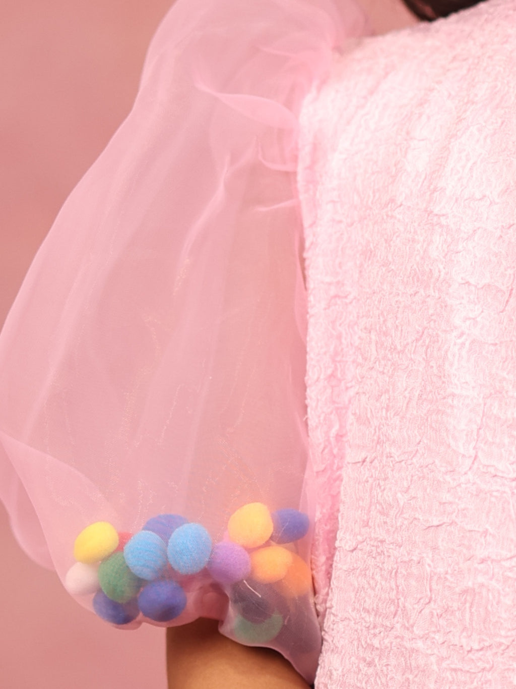 Little Carrot Girls Textured Pink High Neck Clothing Set With Puff Sleeves Pom Pom Filler, , premium kids' wear for girls, size 5-6-years.