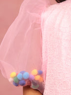 Little Carrot Girls Textured Pink High Neck Clothing Set With Puff Sleeves Pom Pom Filler, , premium kids' wear for girls, size 5-6-years.