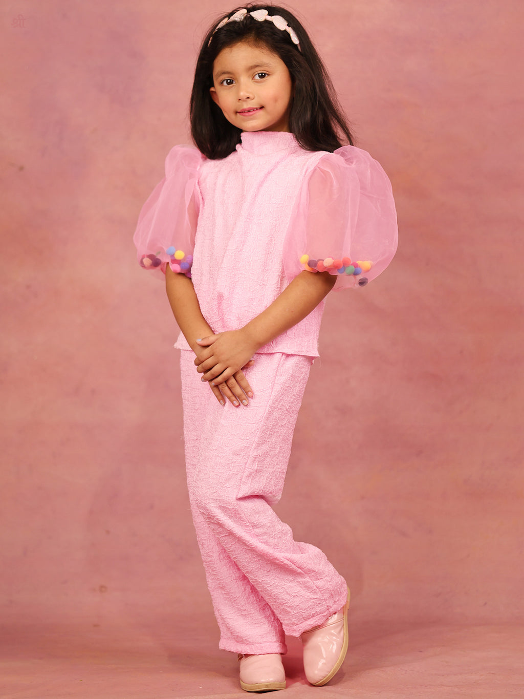 Little Carrot Girls Textured Pink High Neck Clothing Set With Puff Sleeves Pom Pom Filler, , premium kids' wear for girls, size 6-7-years.