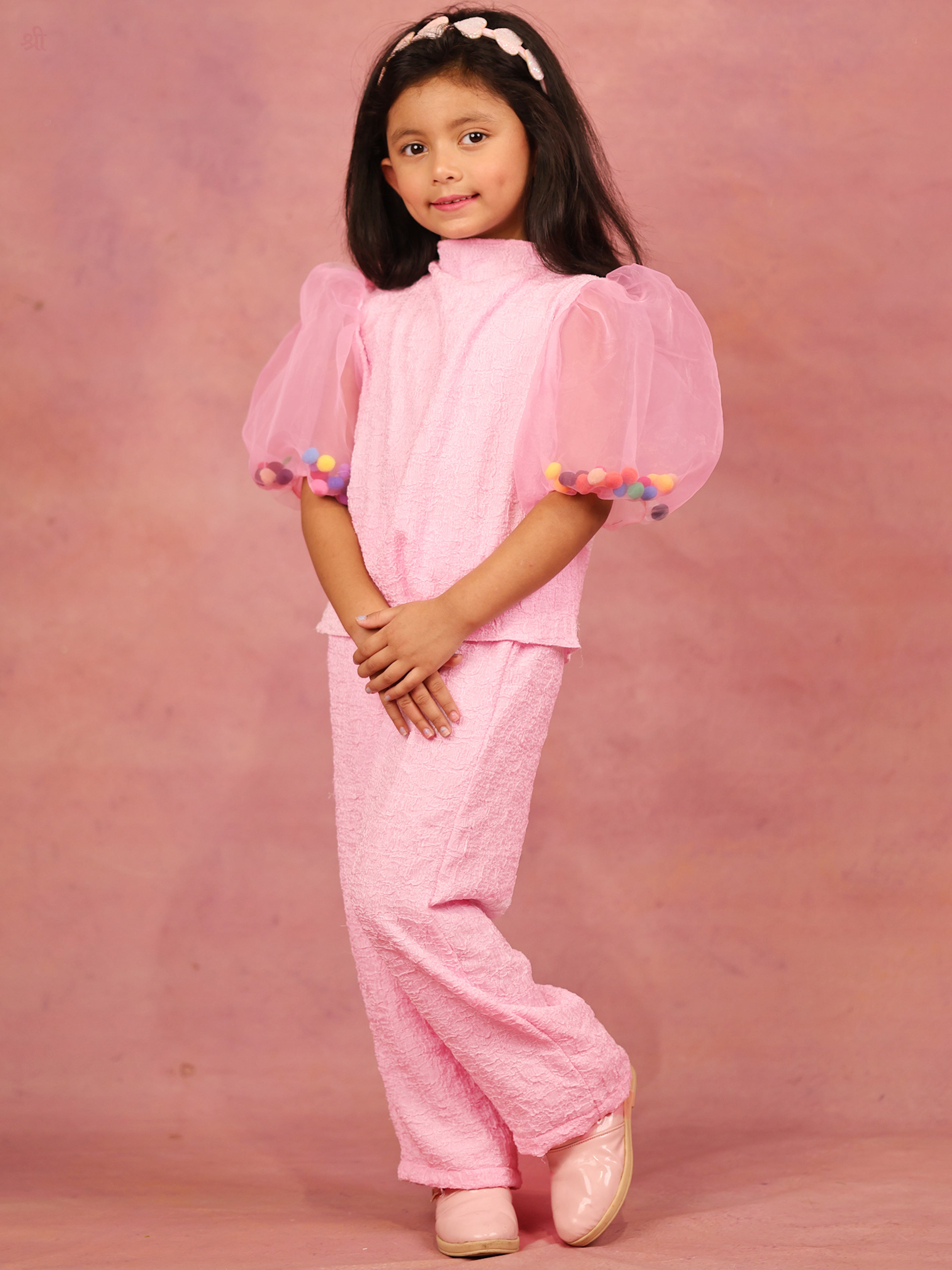 Little Carrot Girls Textured Pink High Neck Clothing Set With Puff Sleeves Pom Pom Filler, , premium kids' wear for girls, size 6-7-years.