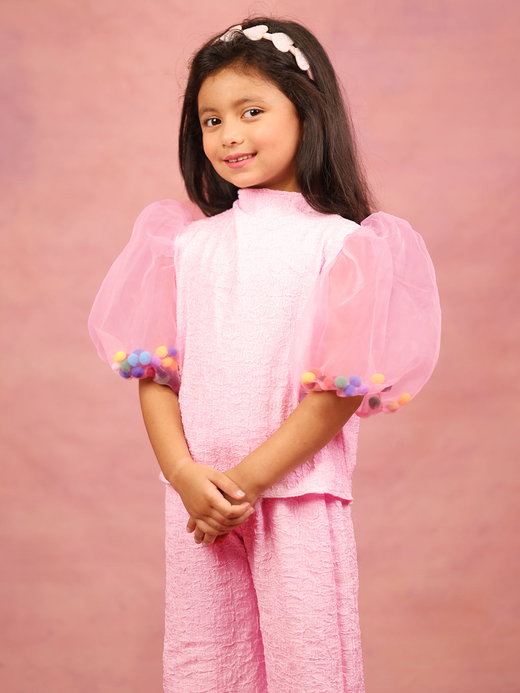 Little Carrot Girls Textured Pink High Neck Clothing Set With Puff Sleeves Pom Pom Filler, , premium kids' wear for girls, size 7-8-years.