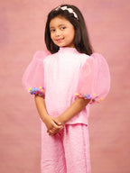 Little Carrot Girls Textured Pink High Neck Clothing Set With Puff Sleeves Pom Pom Filler, , premium kids' wear for girls, size 7-8-years.