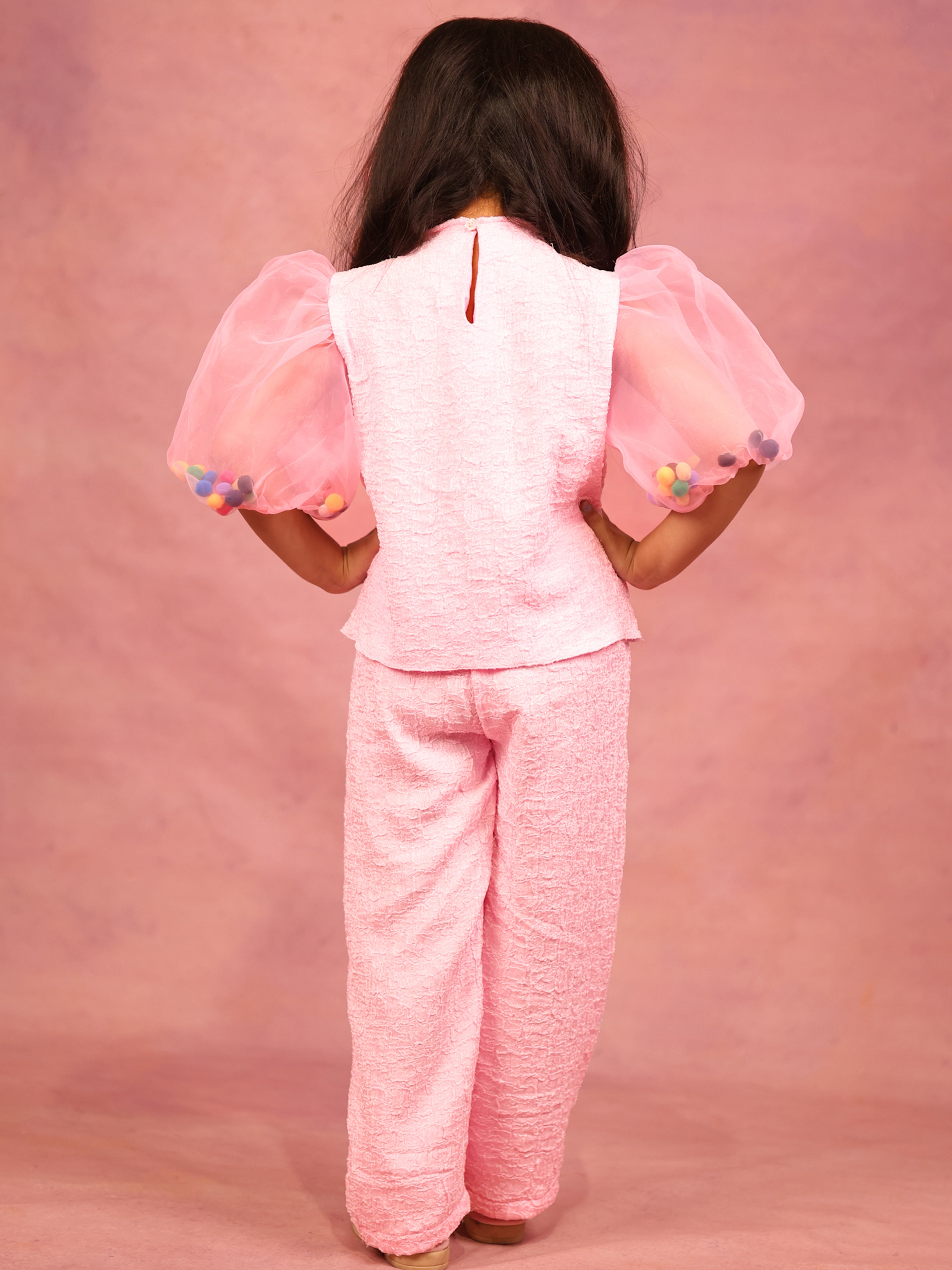 Little Carrot Girls Textured Pink High Neck Clothing Set With Puff Sleeves Pom Pom Filler, , premium kids' wear for girls, size 8-9-years.