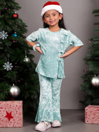 Little Carrot Girls Textured Velvet Clothing Set With Bow Accents Matching Scrunchie, Bow, premium kids' wear for girls, size 4-5-years.