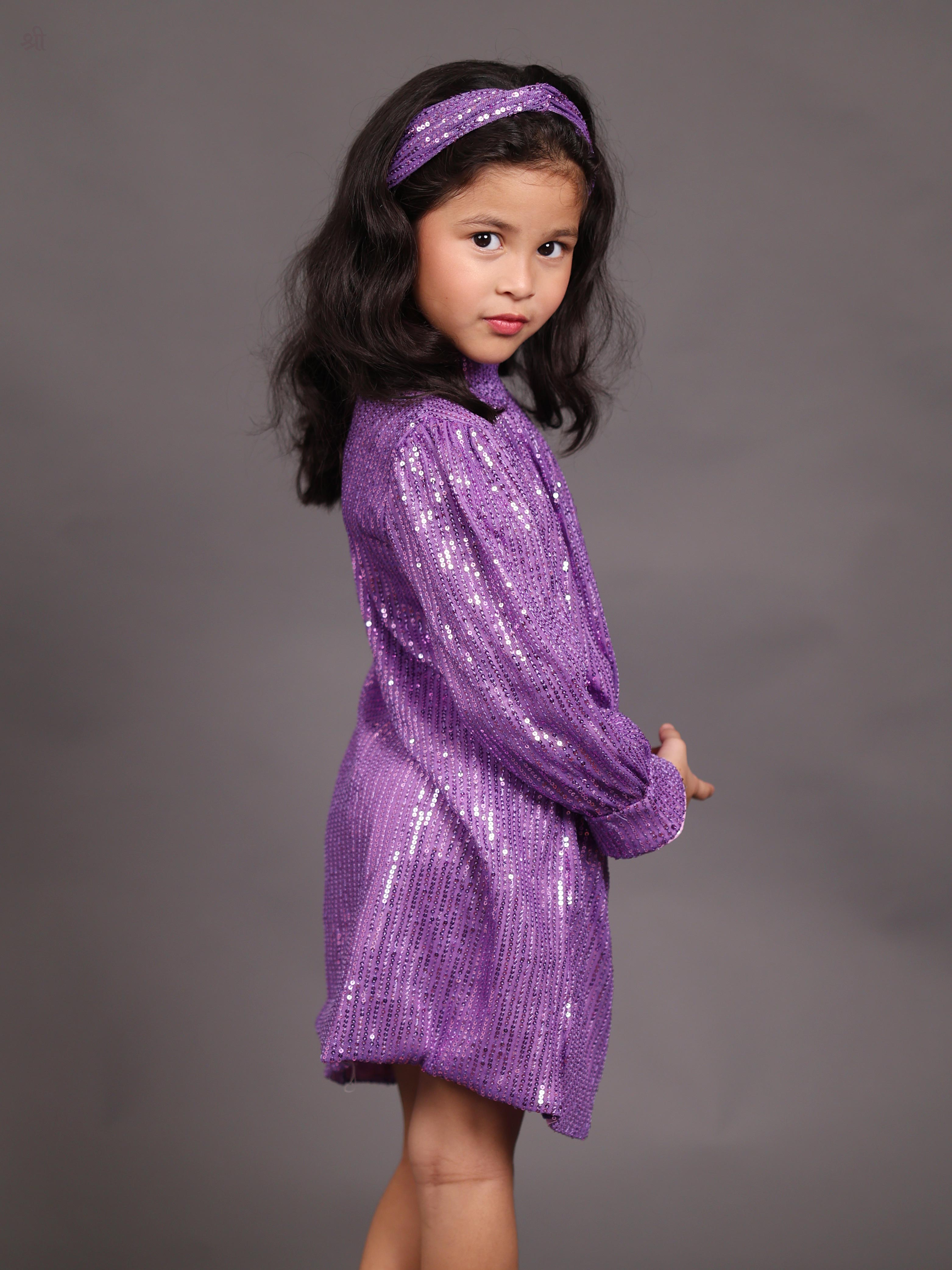 Little Carrot Glamorous Purple Sequin Party Dress With Full Sleeves, Autumn, premium kids' wear for girls, size purple.