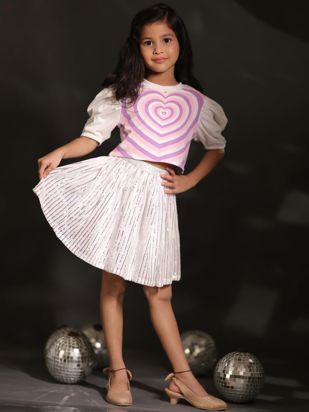 Little Carrot Heart Print Top Sequin Skirt Set With Glitter Belt, Airport Look, premium kids' wear for girls, size 2-3-years.