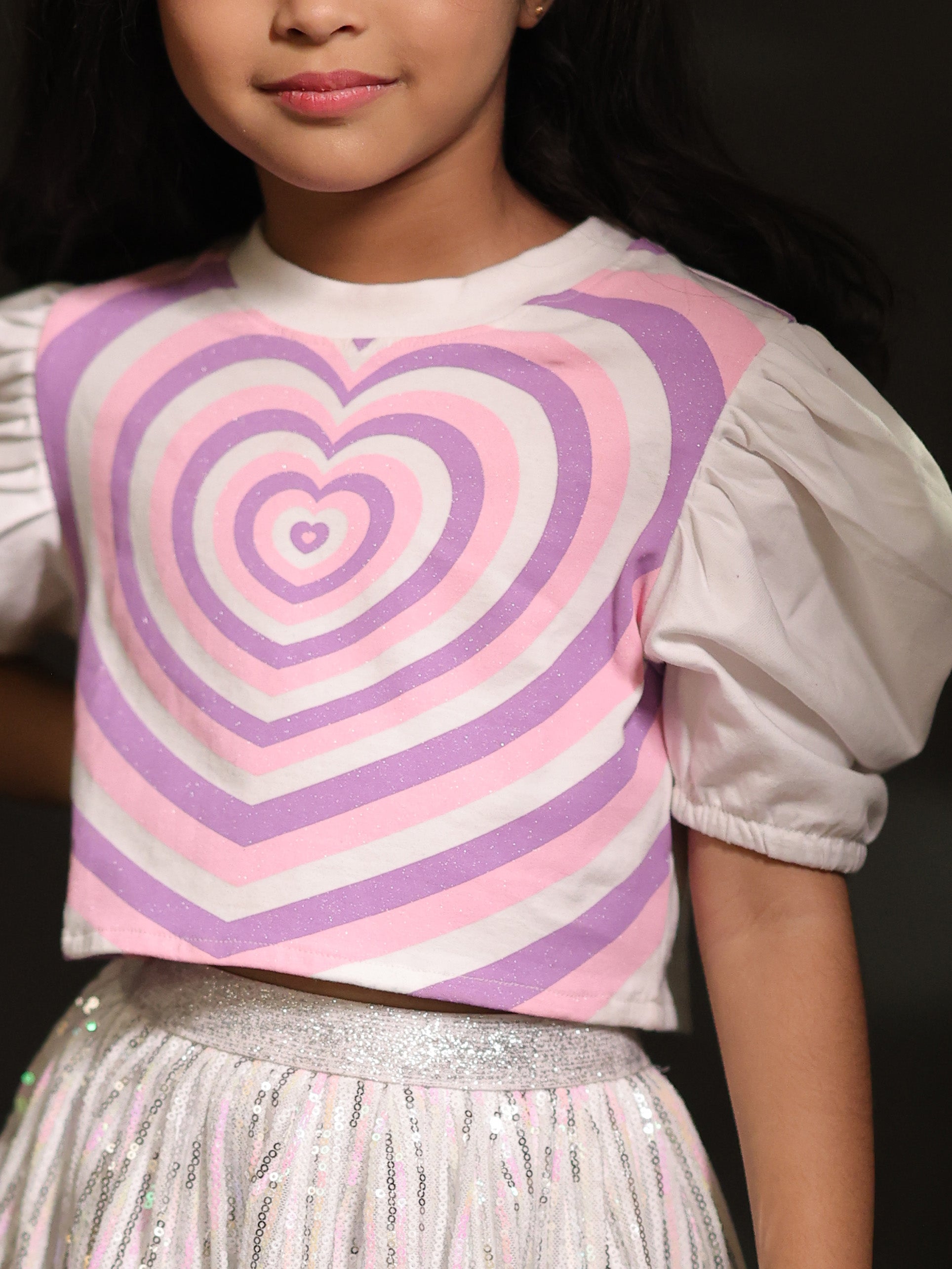Little Carrot Heart Print Top Sequin Skirt Set With Glitter Belt, , premium kids' wear for girls, size 5-6-years.