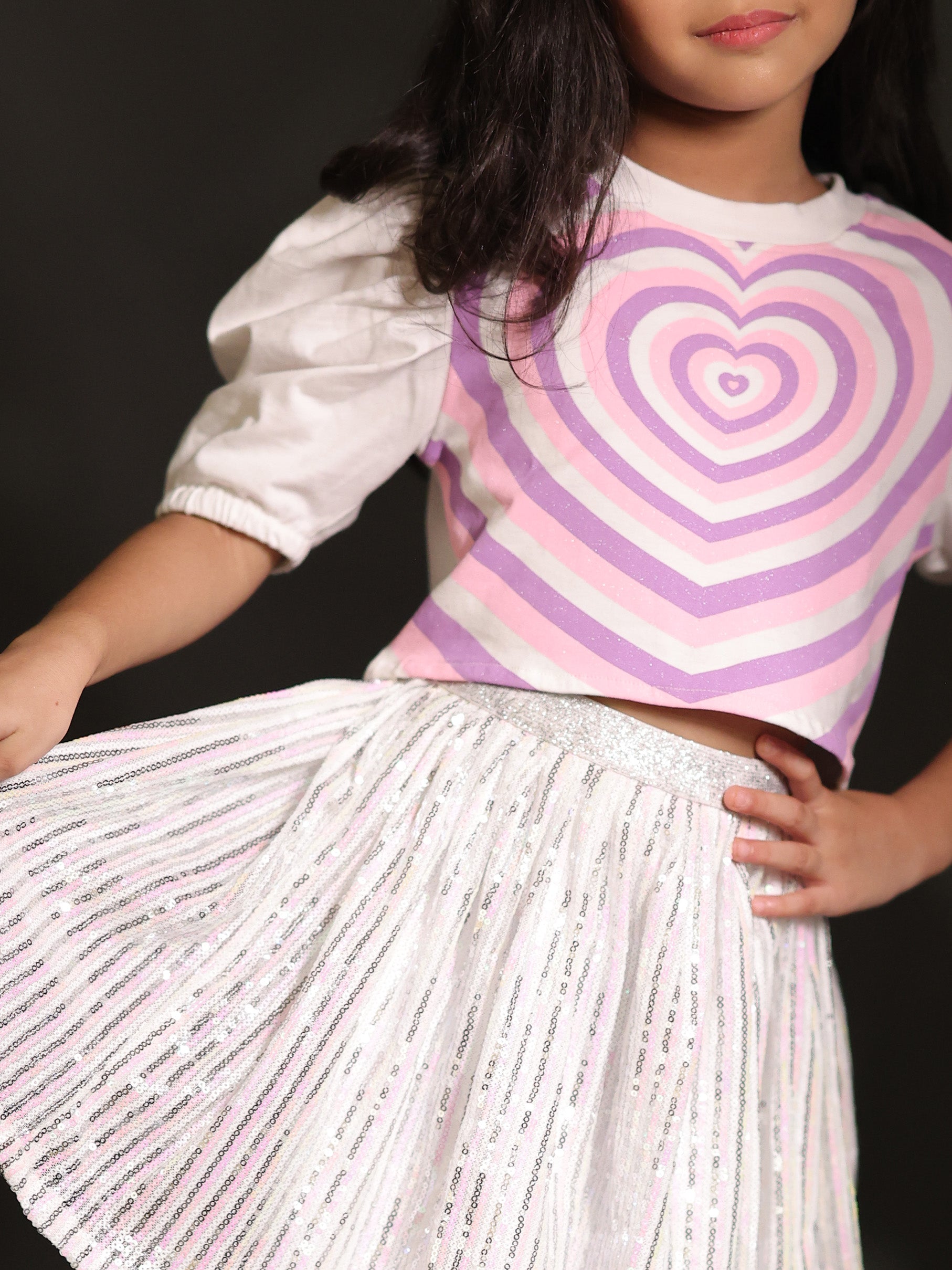 Little Carrot Heart Print Top Sequin Skirt Set With Glitter Belt, , premium kids' wear for girls, size 6-7-years.