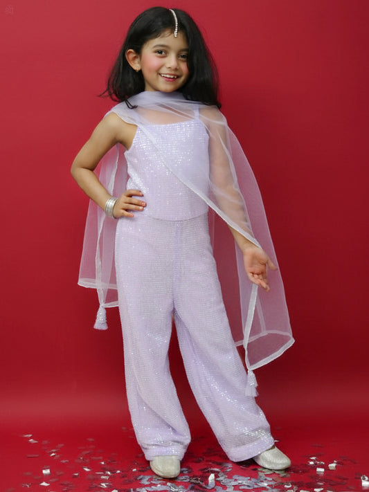 Lilac Sequin Fusion Jumpsuit with Tulle Dupatta for Girls