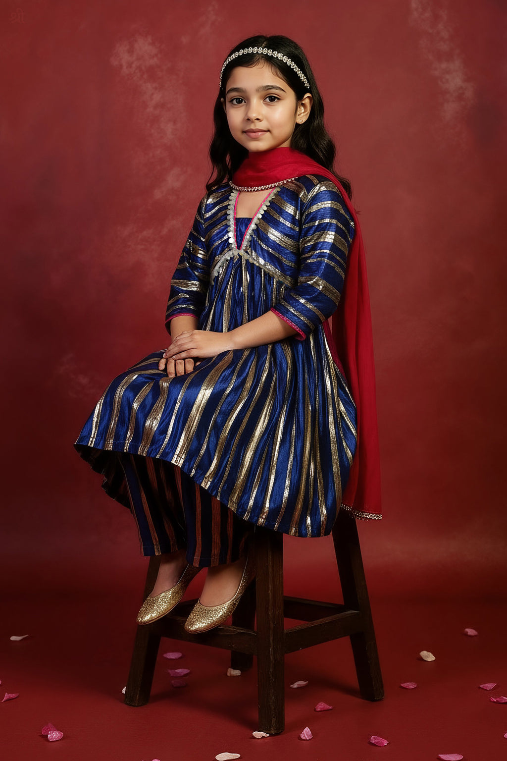 Young girl in a little carrot blue and gold traditional outfit with a red shawl sitting on a stool against a red background.