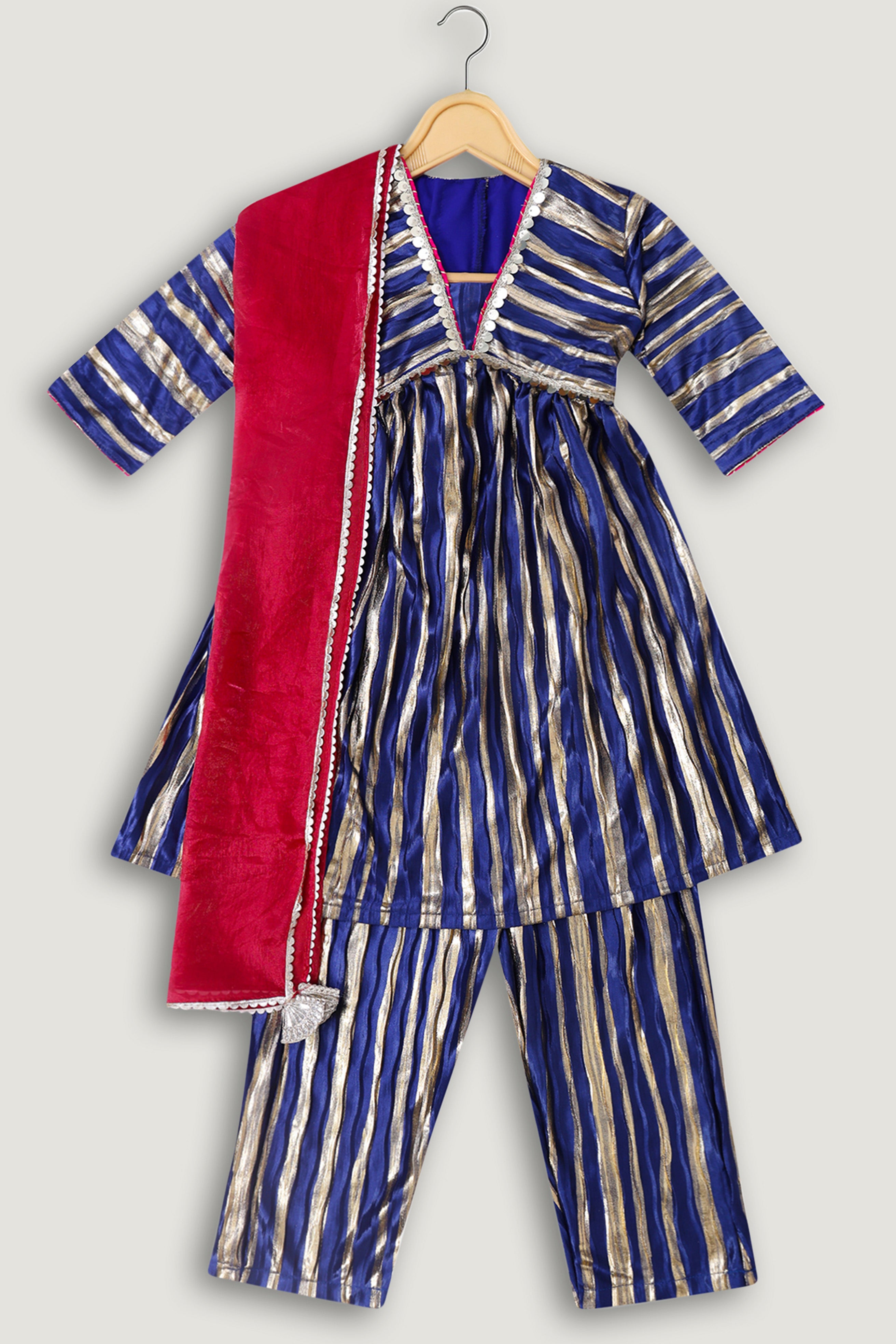 Flat Shoot of Little Carrot Blue and Gold ethnic set with contrast fuchsia Dupatta with lace and tassles