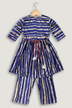Little Carrot Firls blue and Gold striped outfit on a hanger against a white background