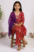 A Happy Girl wearing Little Carrot Fuchsia and Gold Foil Printed Anarkali Kurti set with Dupatta