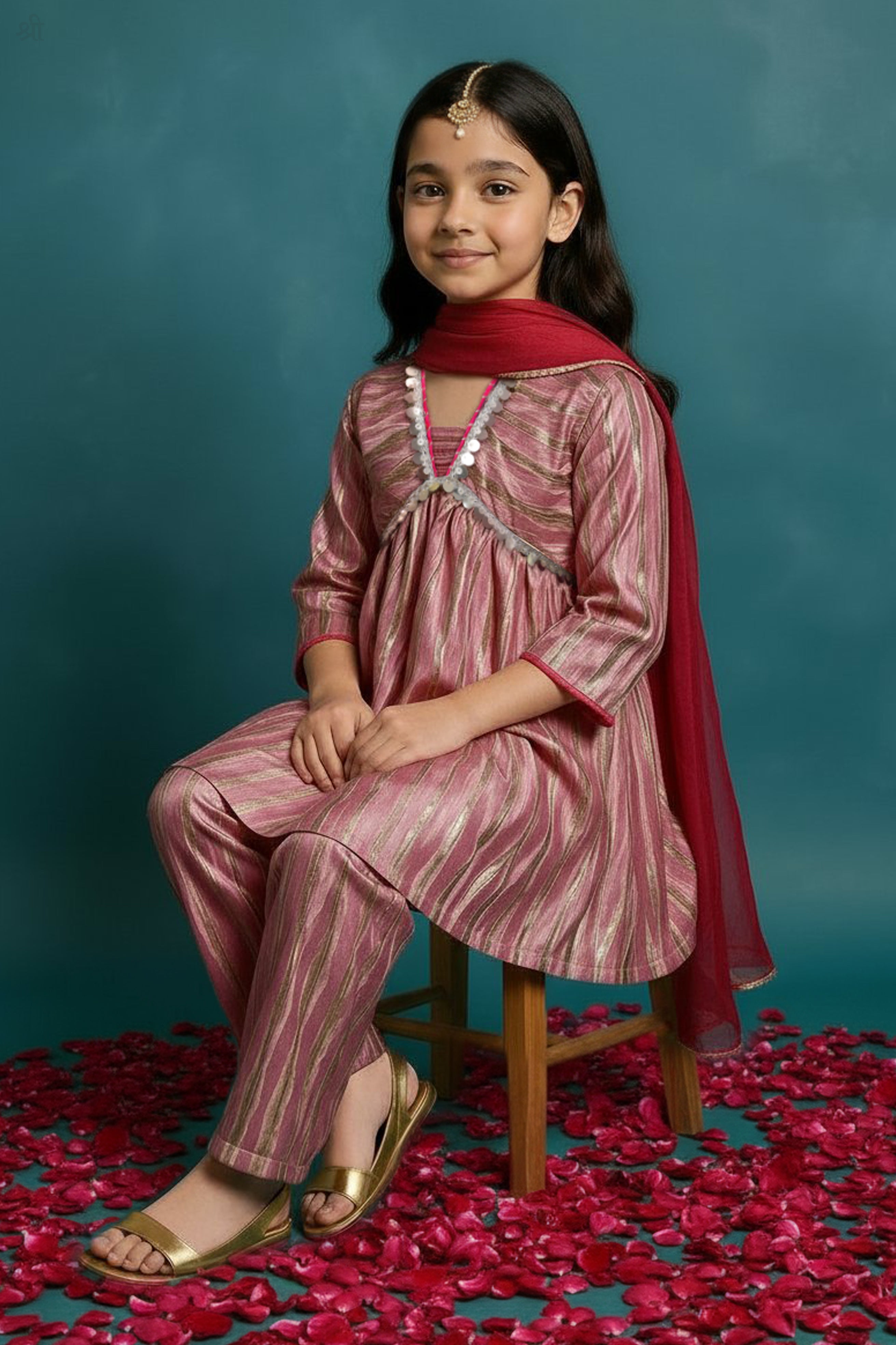 A cute indian girl sitting on a chair wearing little carrot Light pink gold Anarkali Kurta Set with Dupatta embellished with laces
