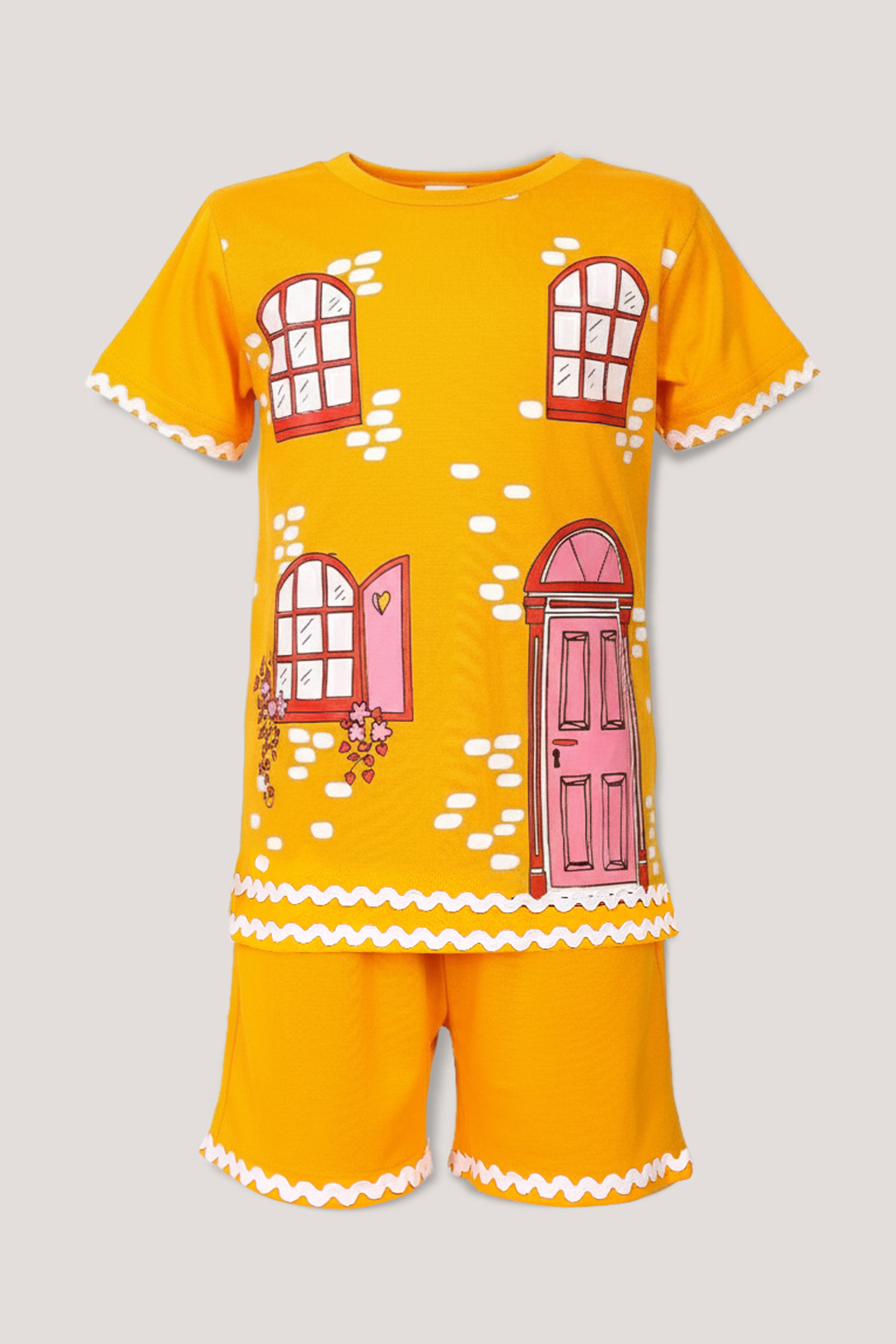Little Carrot girls yellow printed cotton lounge co-ord set featuring playful house print and scalloped trims