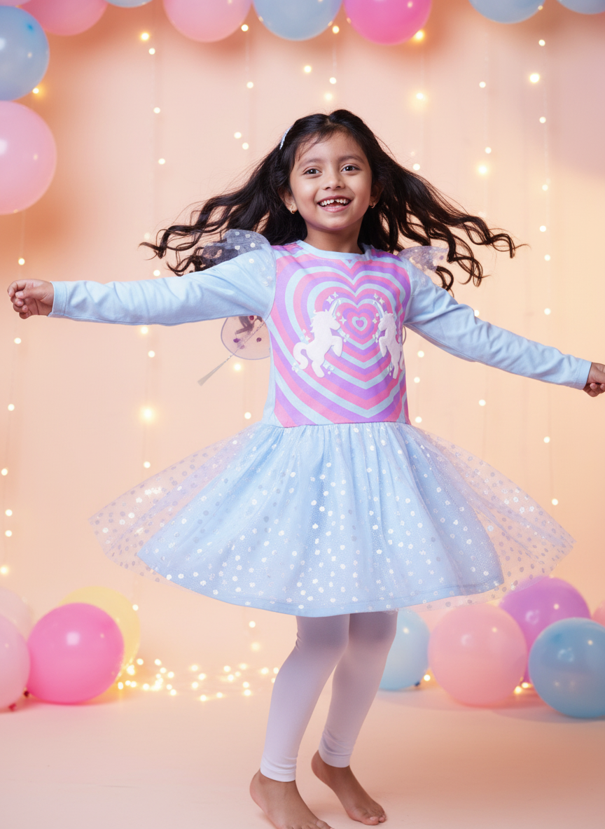 Happy girl twirling in little carrot unicorn dress