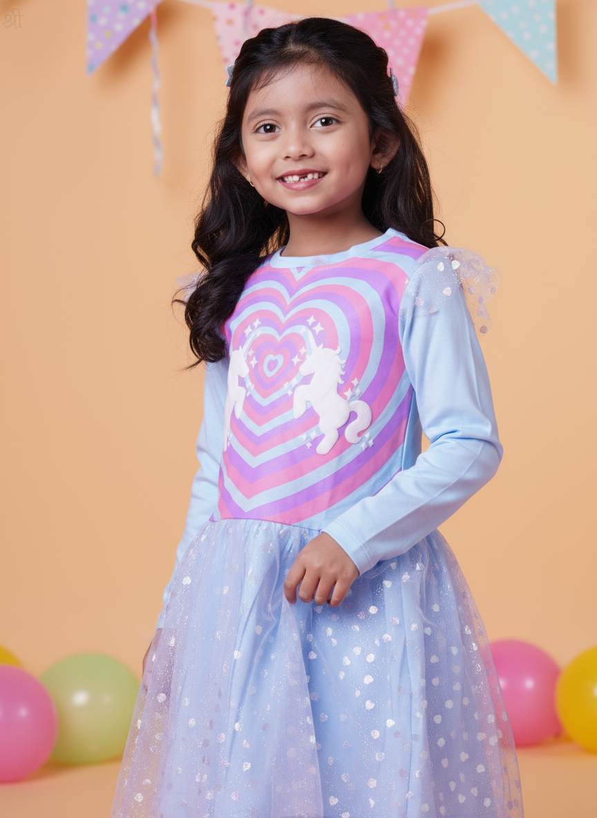Young girl wearing a light blue dress by little carrot with a heart and unicorn design, standing against a colorful background.