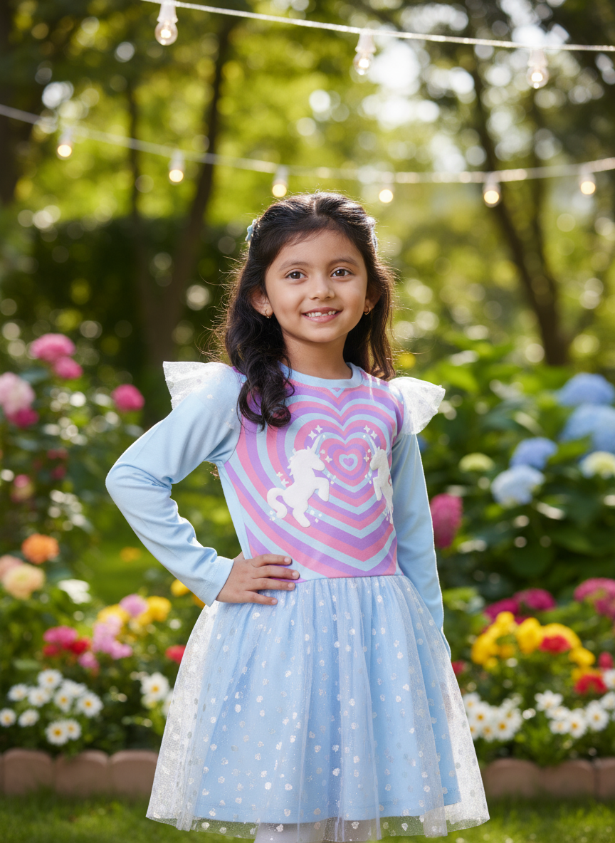 Confident portrait in little carrot unicorn dress