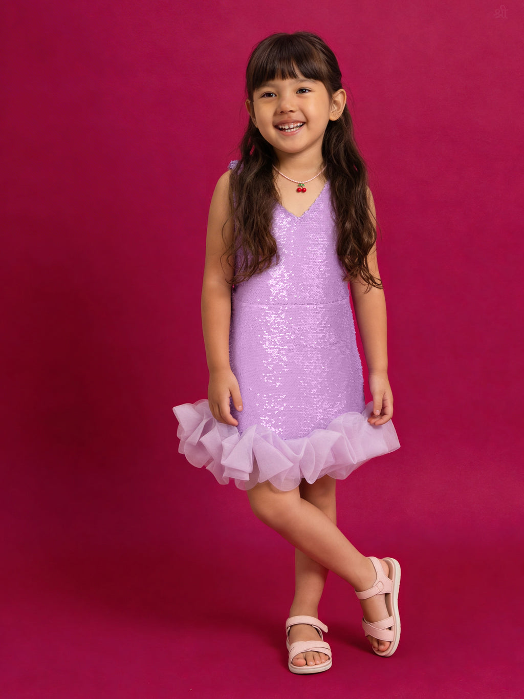 Young girl wearing a Little Carrot purple sequin dress on a pink background 