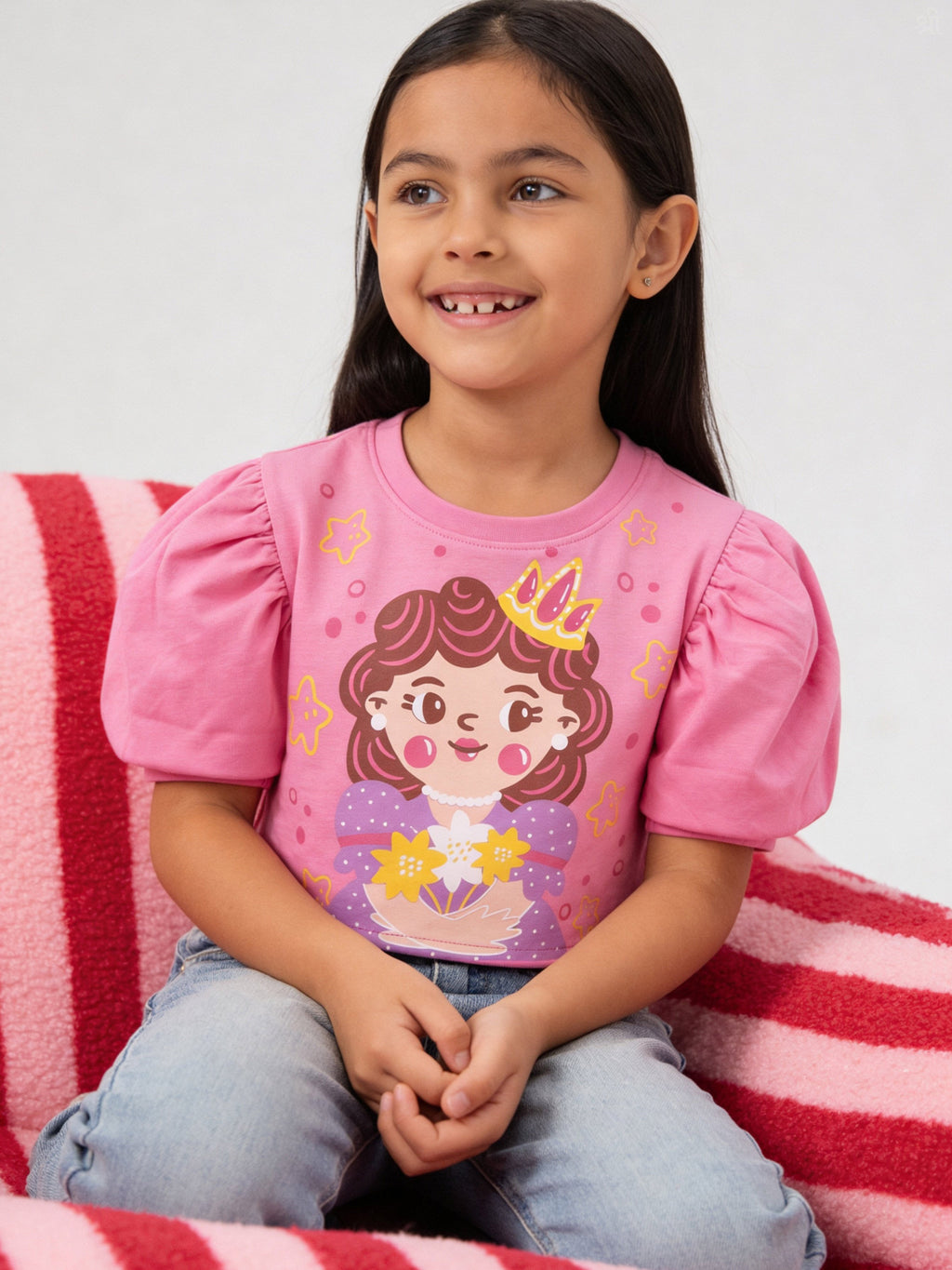 happy young girl wearing little carrot princes theme crop Tshirt