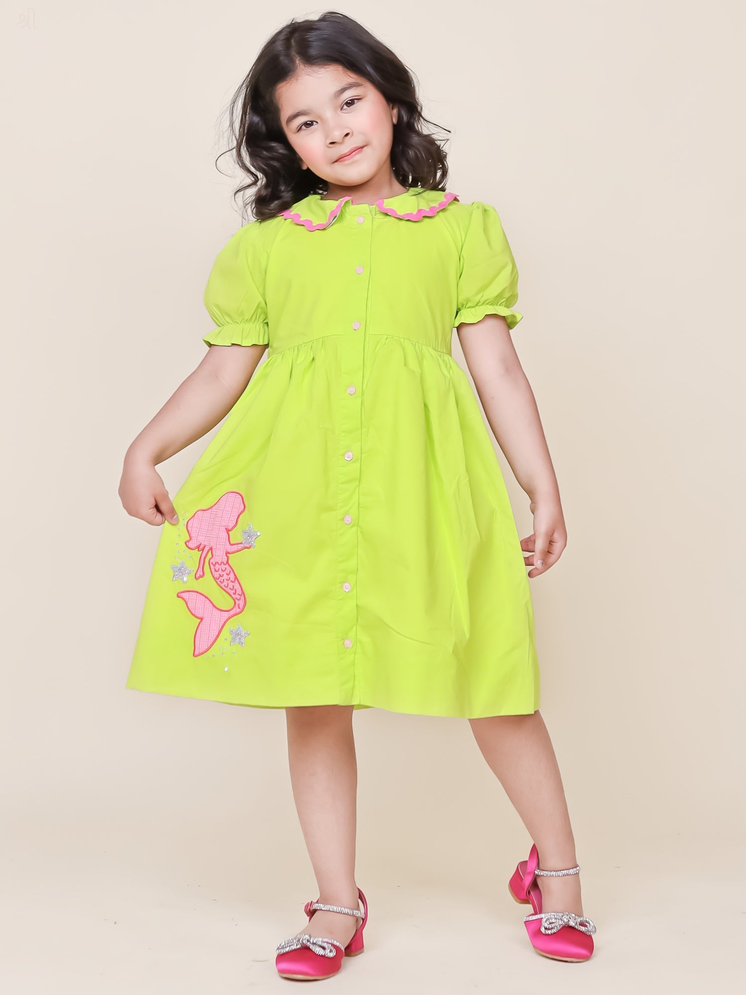 Little Carrot Mermaid Themed Pure Cotton Dress, Appliques, premium kids' wear for girls, size 3-4-years.