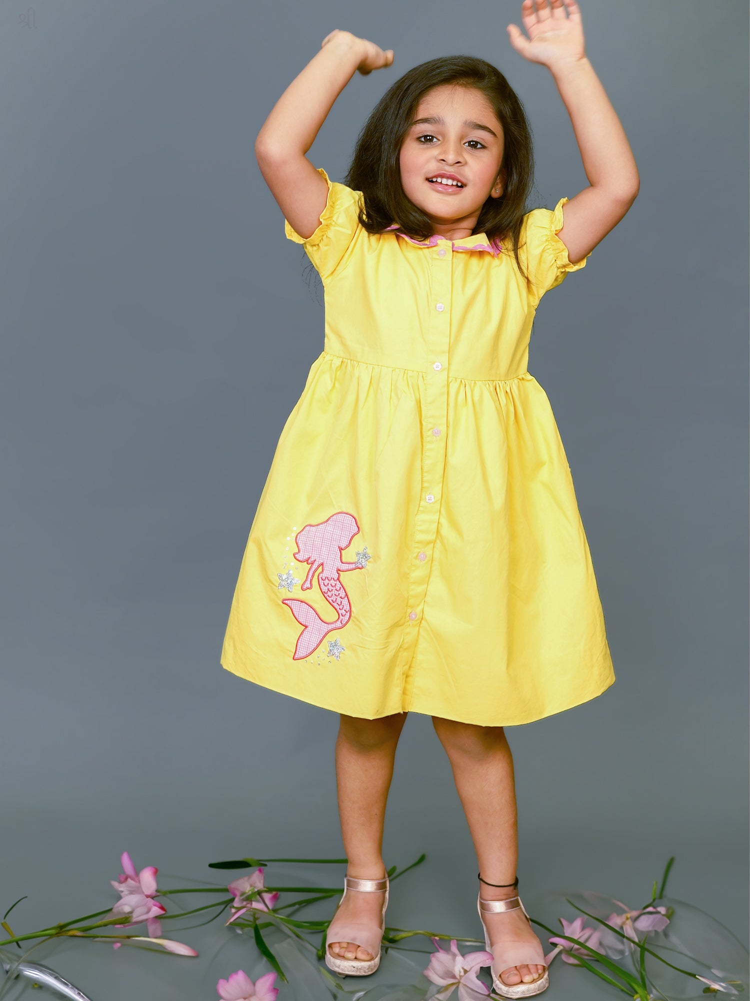 Little Carrot Mermaid Themed Pure Cotton Dress Copy, Appliques, premium kids' wear for girls, size 3-4-years.