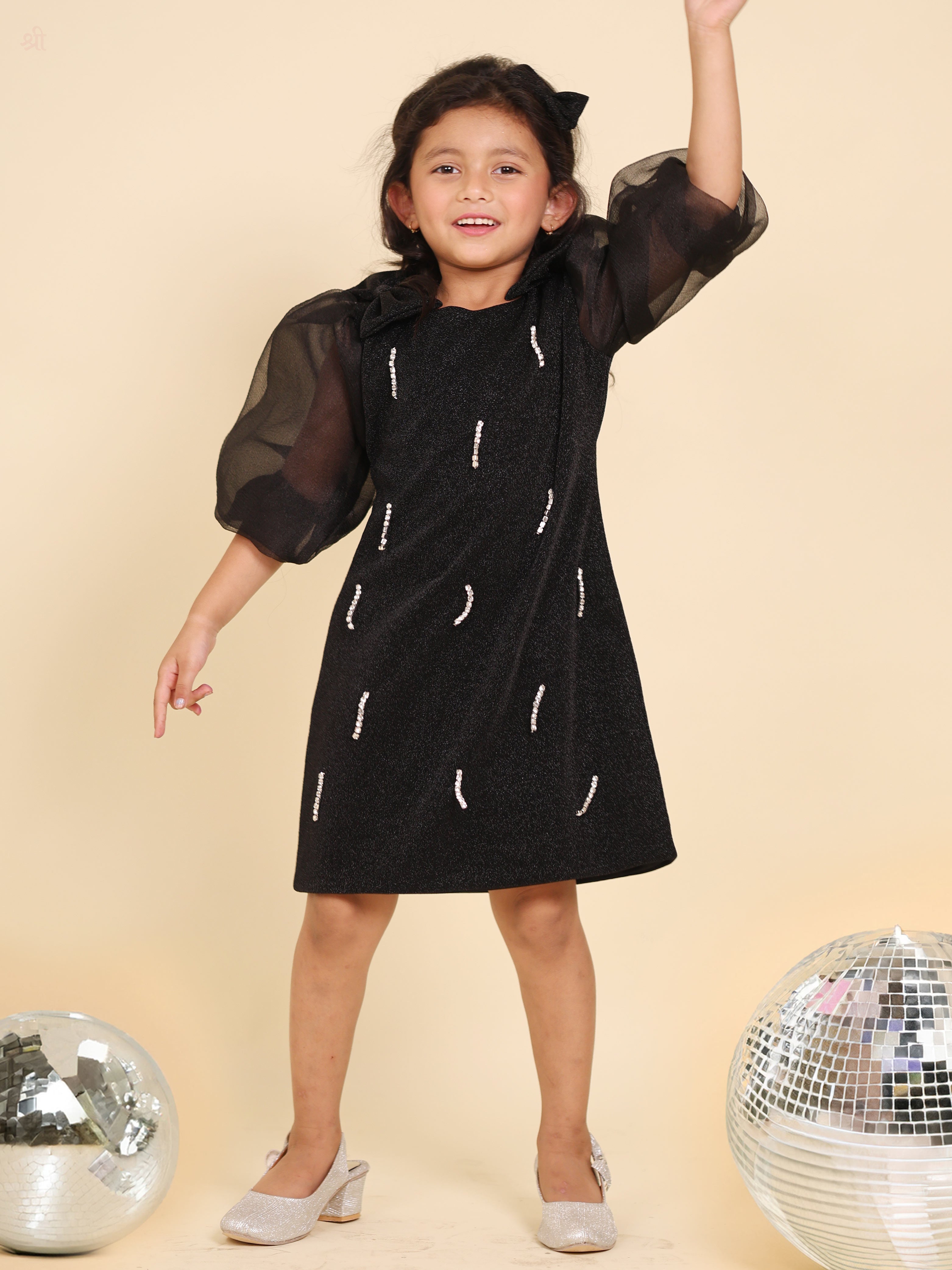 Little Carrot Moonlight Black A Line Party Dress With Rhinestone Highlights, , premium kids' wear for girls, size 5-6-years.