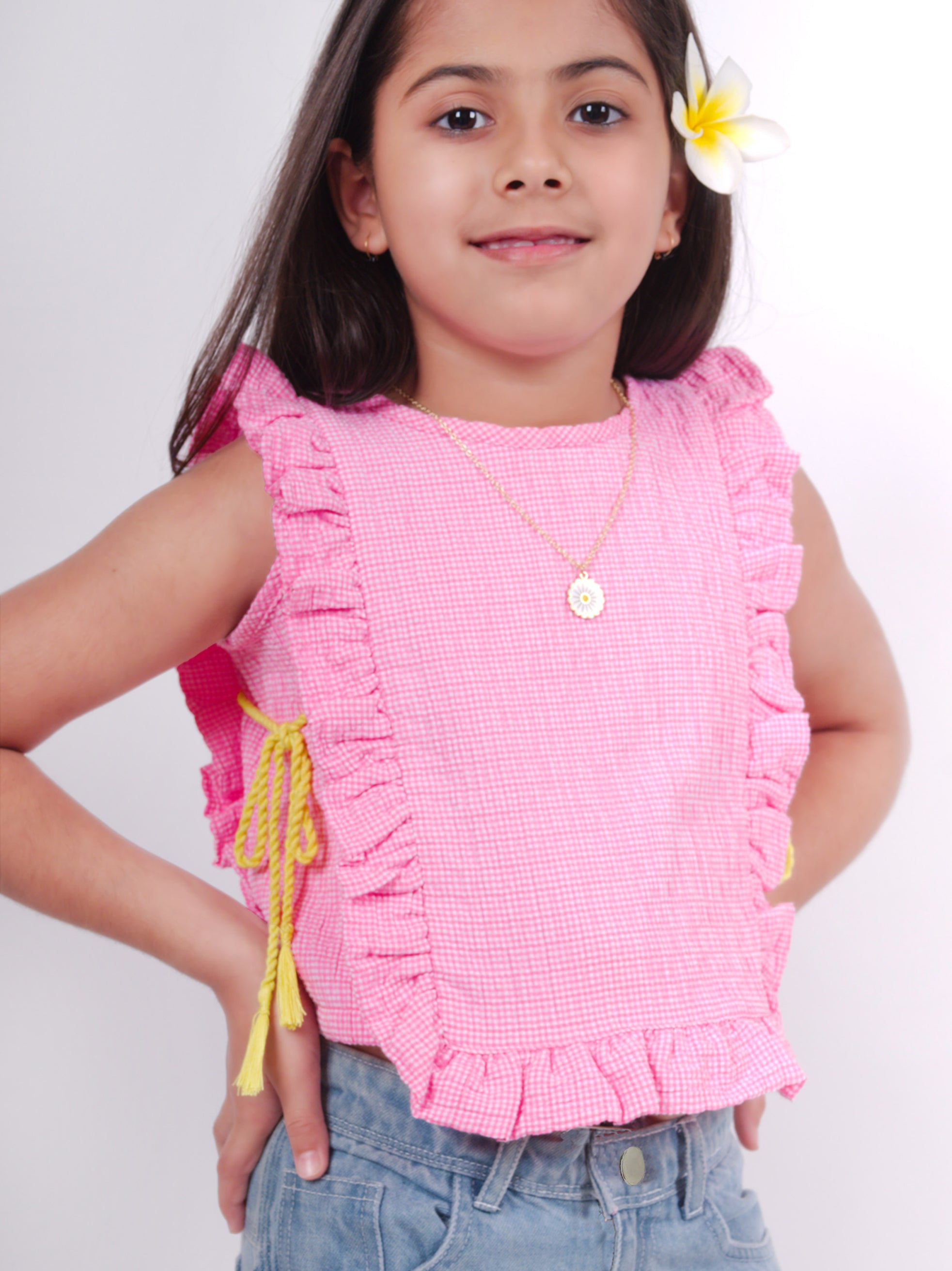 Little Carrot Pink Frill Top With Tassles, , premium kids' wear for girls, size 7-8-years.