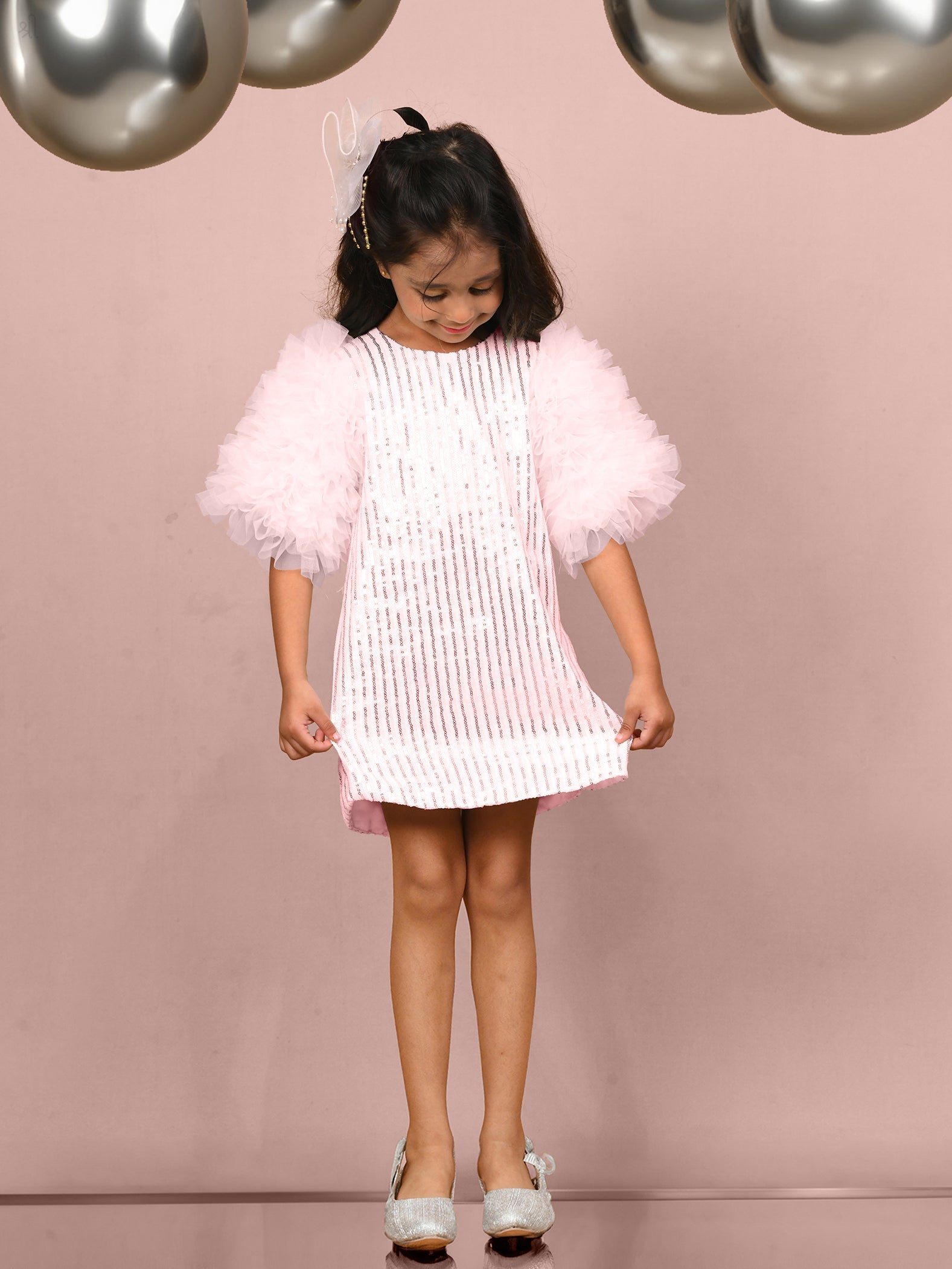 Little Carrot Pink Ruffle Sleeve Sequin Dress, Cotton Lined, premium kids' wear for girls, size 2-3-years.