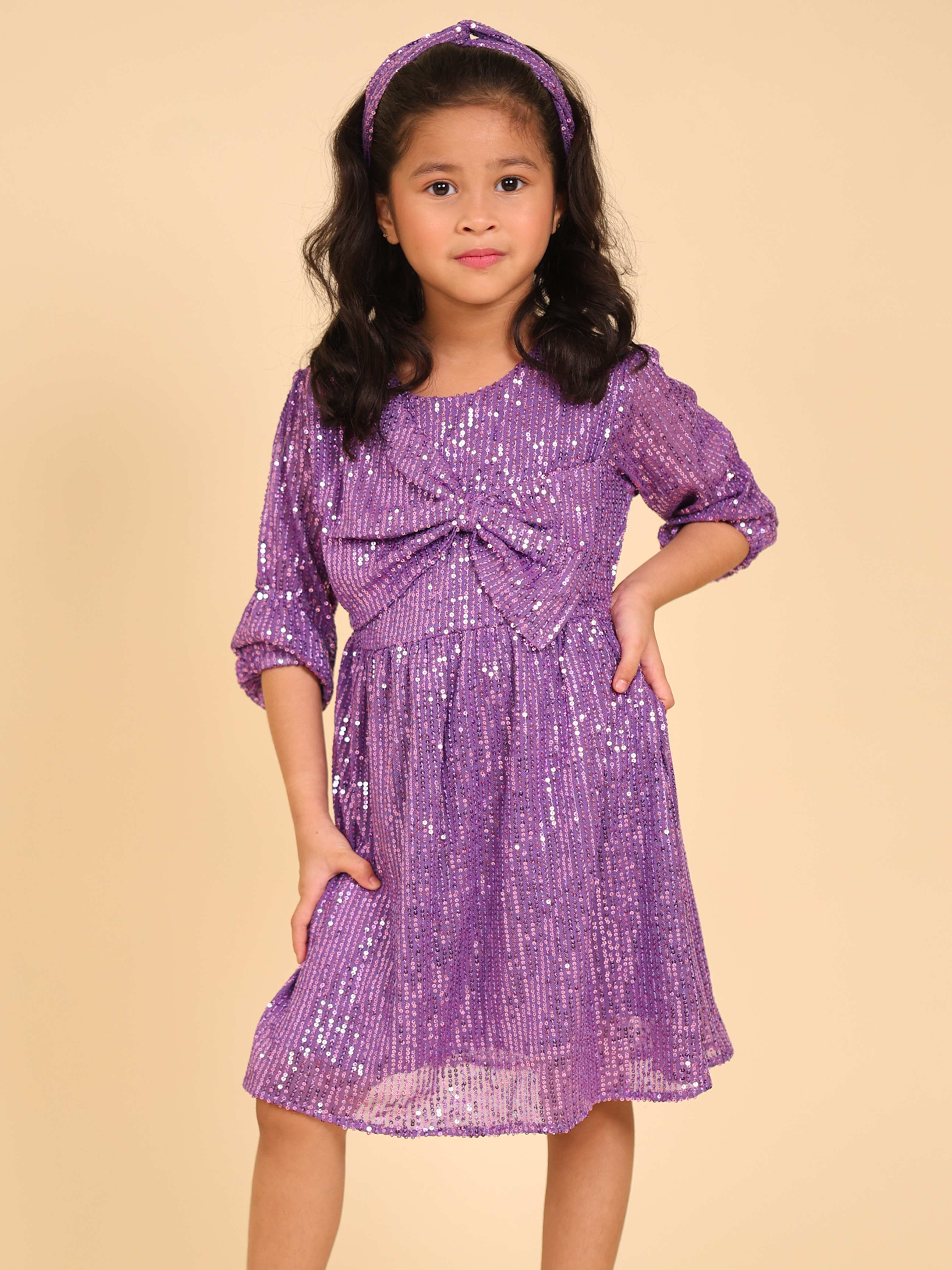 Little Carrot Premium Bow Sequin Dress with Matching Hair Band