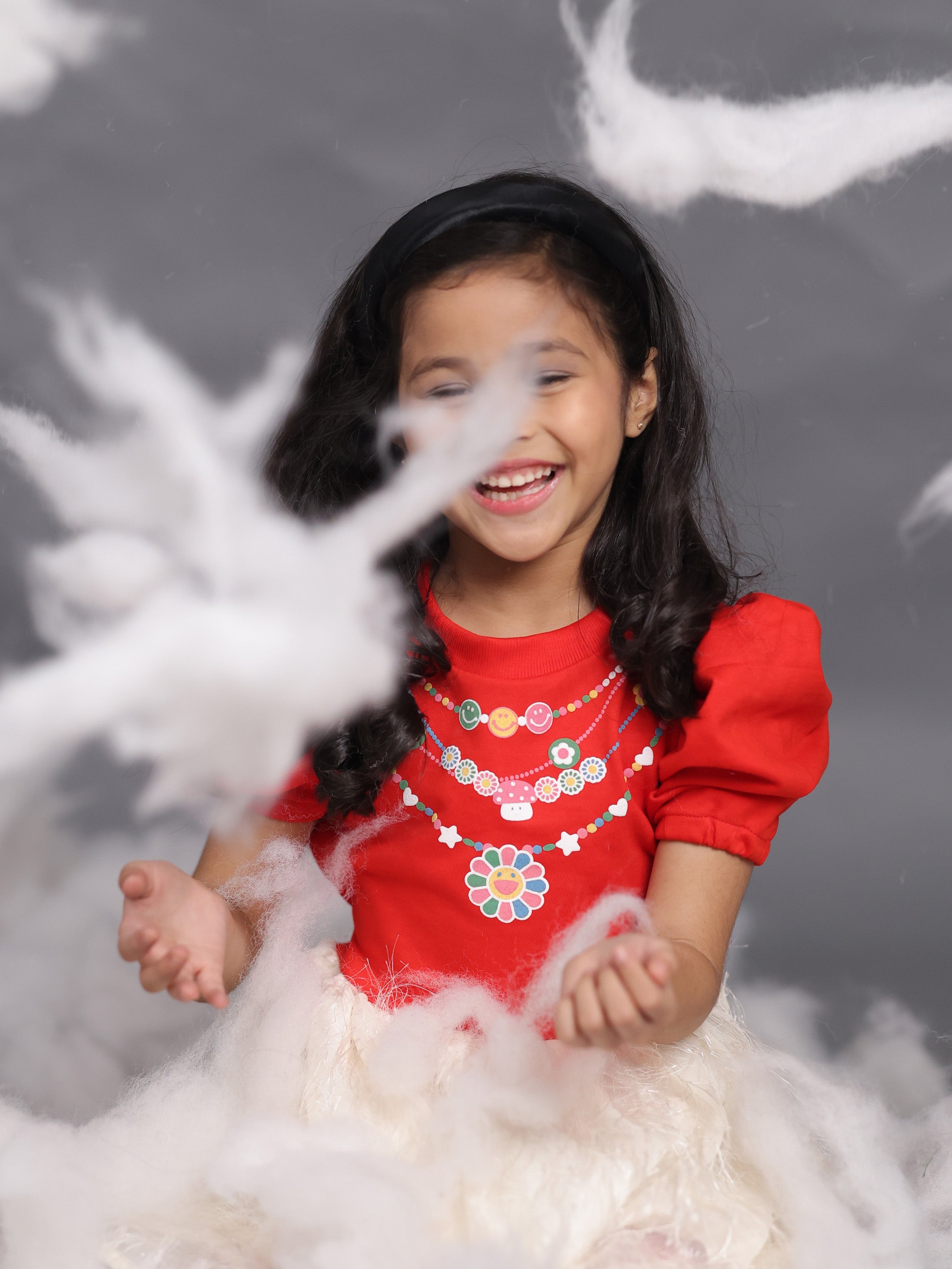 Little Carrot Red Festive Dress With Poppy Necklace Print, Airport Look, premium kids' wear for girls, size 2-3-years.