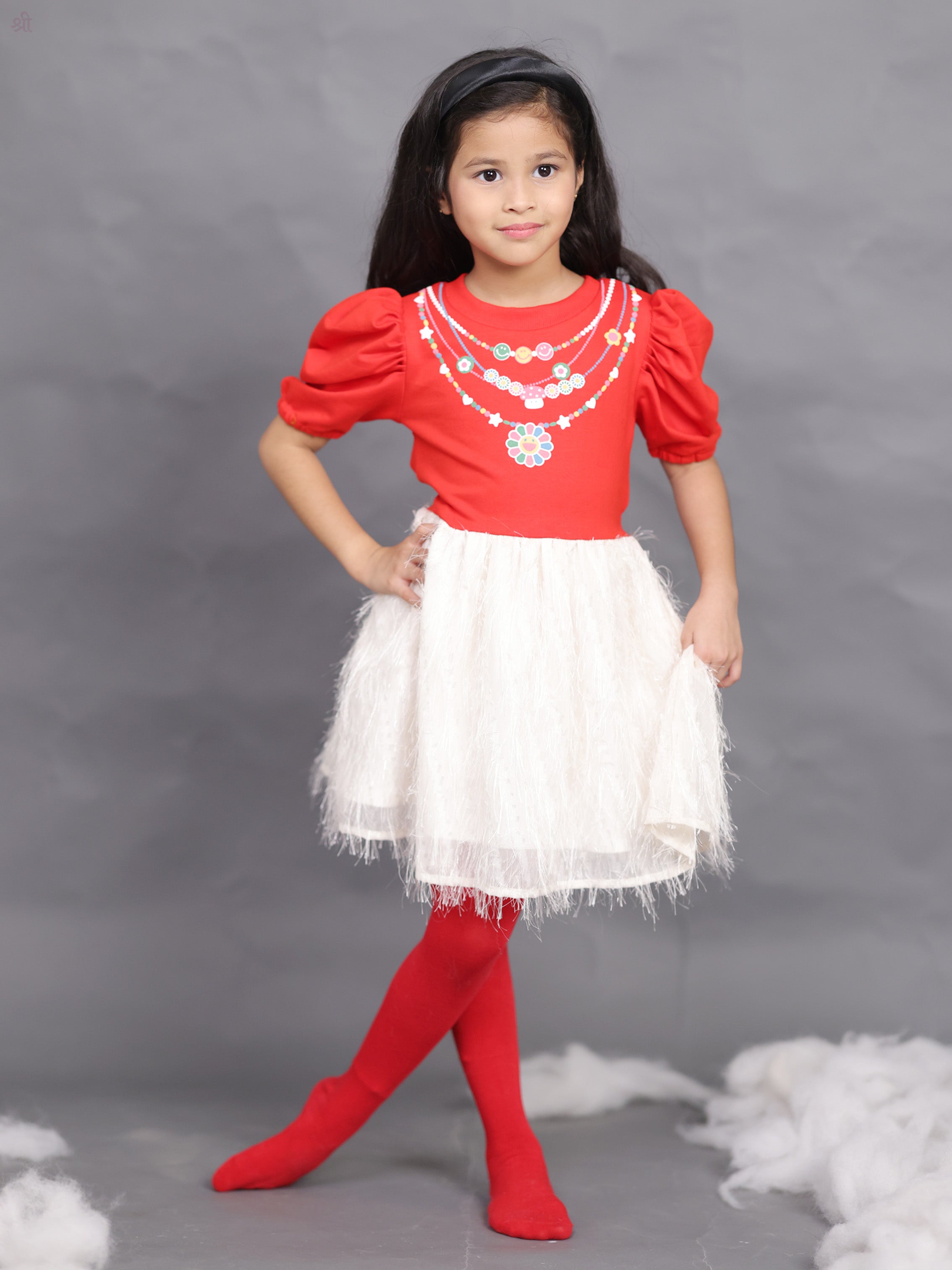 Little Carrot Red Festive Dress With Poppy Necklace Print, , premium kids' wear for girls, size 3-4-years.
