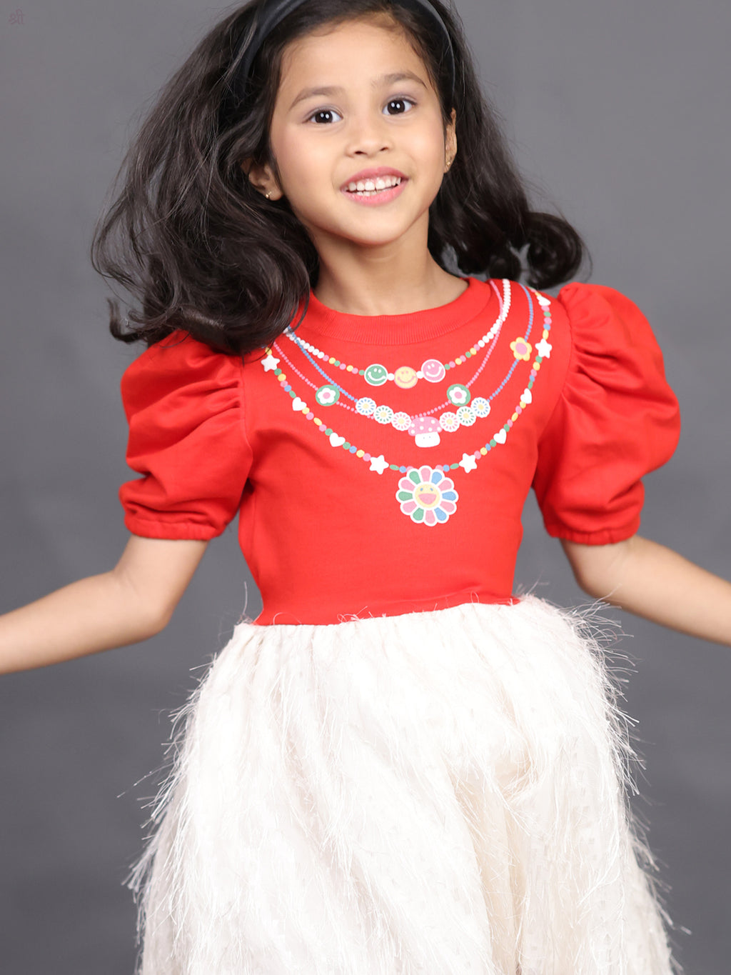 Little Carrot Red Festive Dress With Poppy Necklace Print, , premium kids' wear for girls, size 4-5-years.