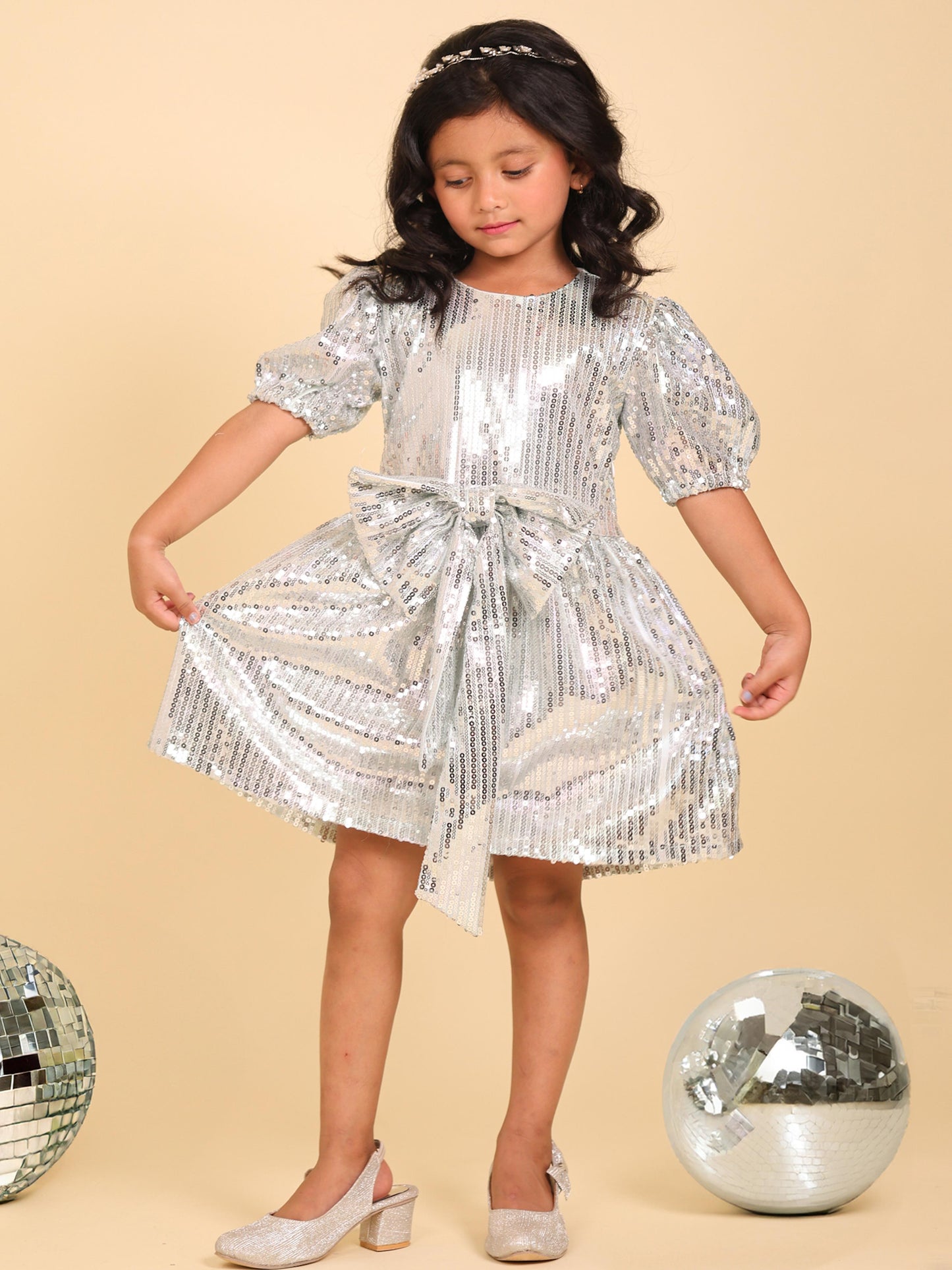 Little Carrot Twinkling Silver Sequin Dress With Front Bow, Autumn, premium kids' wear for girls, size 2-3-years.
