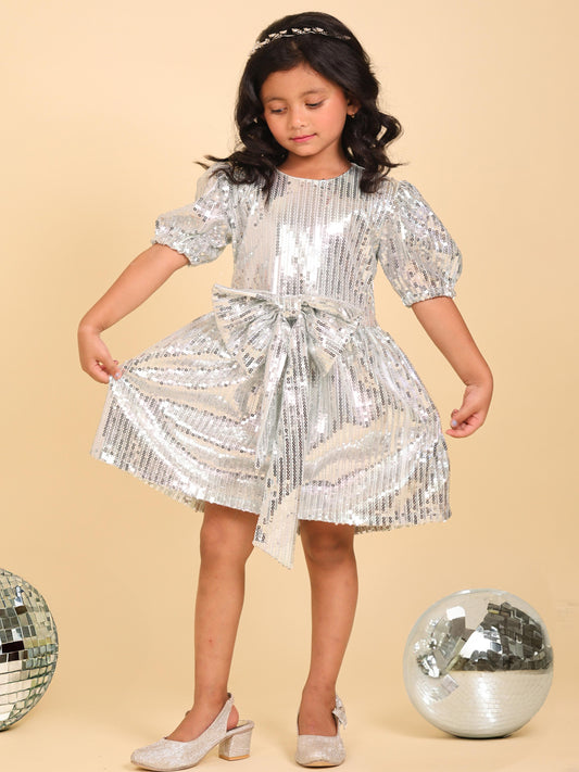 Little Carrot Twinkling Silver Sequin Dress With Front Bow, Autumn, premium kids' wear for girls, size 2-3-years.