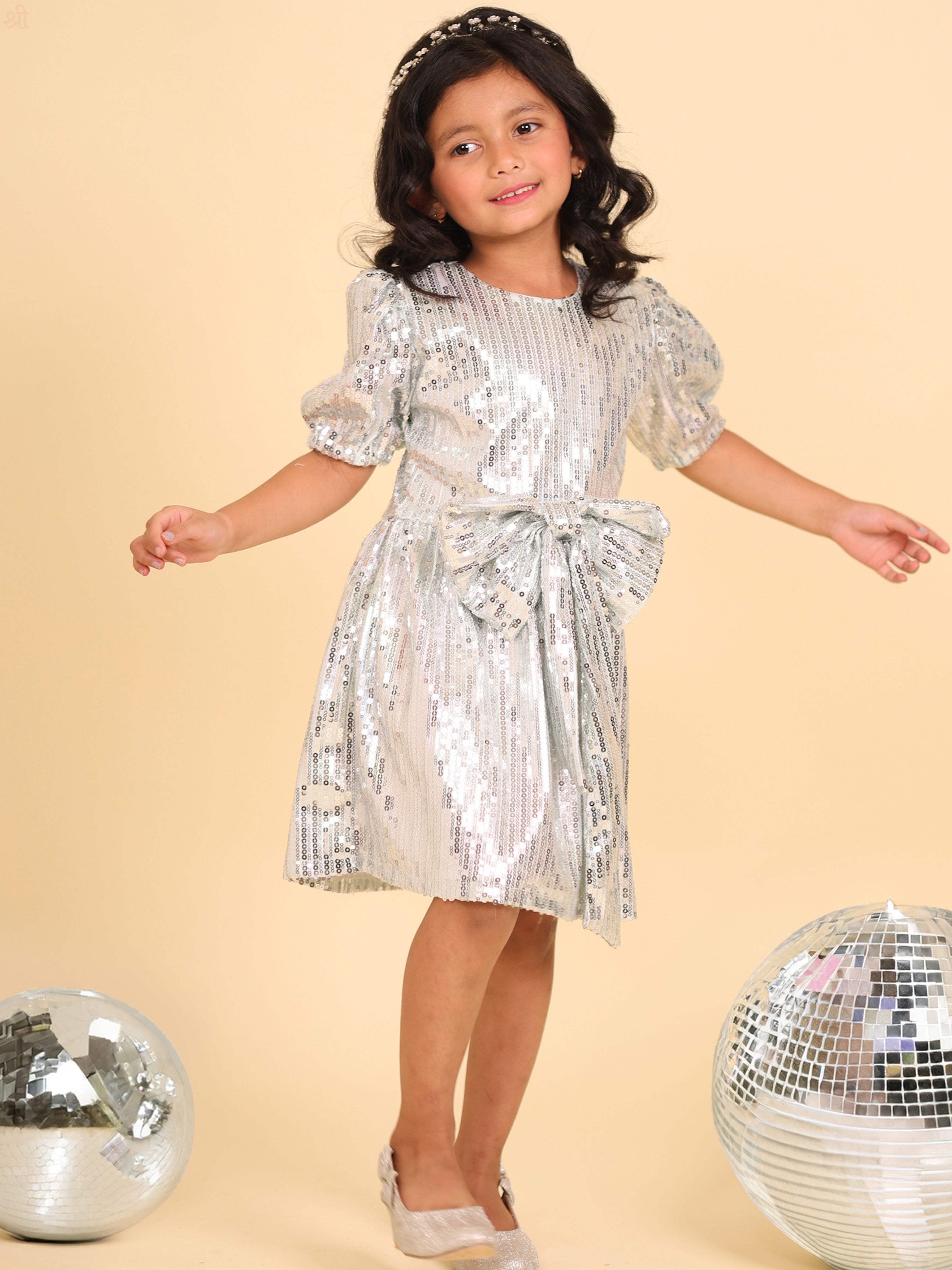 Little Carrot Twinkling Silver Sequin Dress With Front Bow, , premium kids' wear for girls, size 5-6-years.