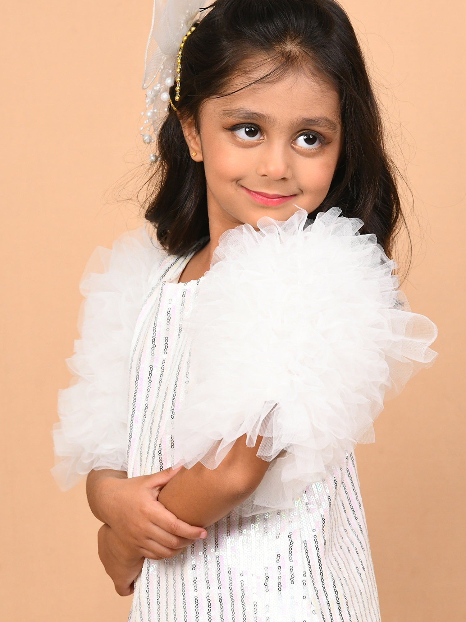 Little Carrot White Ruffle Sleeve Sequin Dress, , premium kids' wear for girls, size 3-4-years.