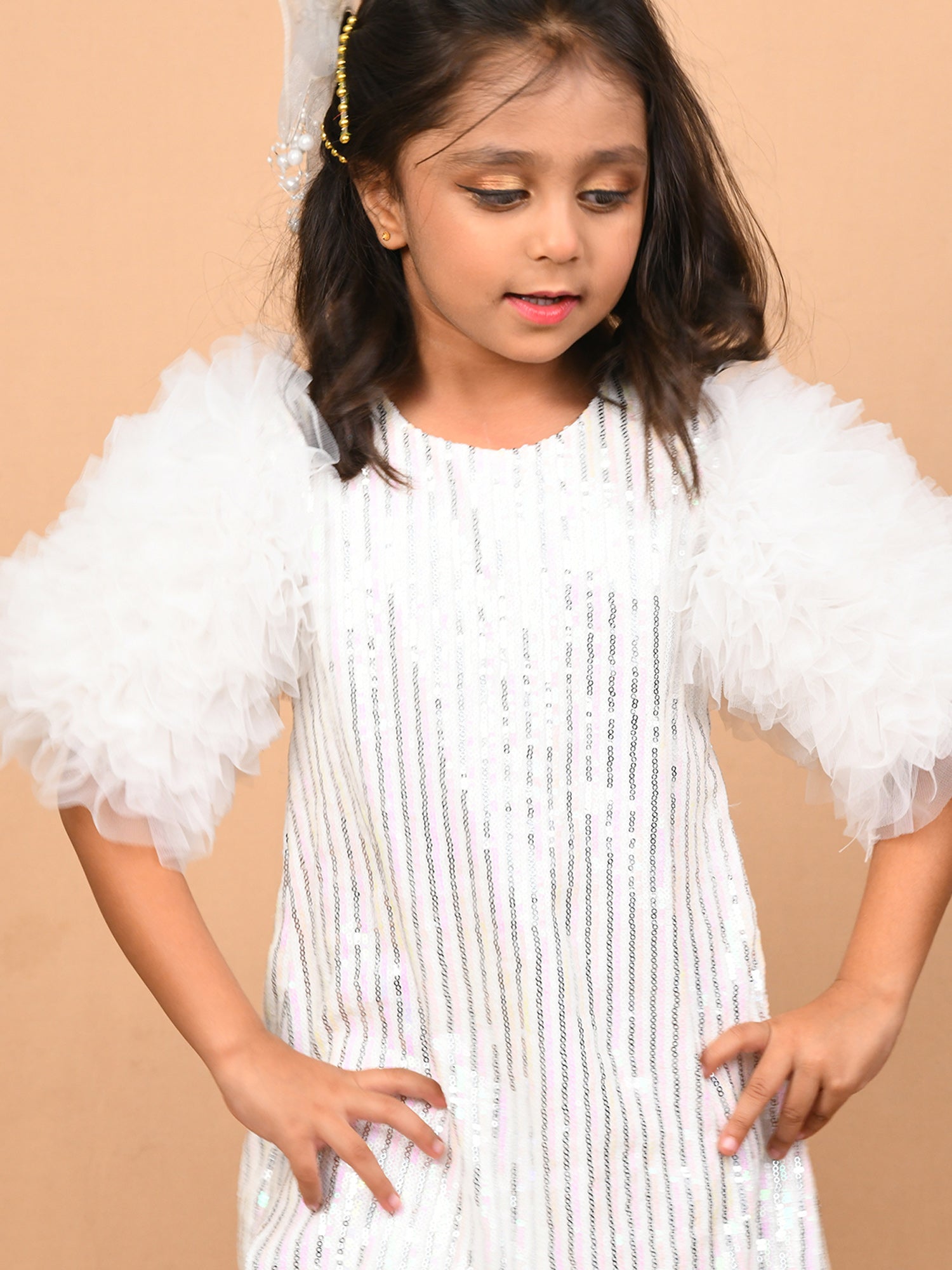 Little Carrot White Ruffle Sleeve Sequin Dress, , premium kids' wear for girls, size 4-5-years.