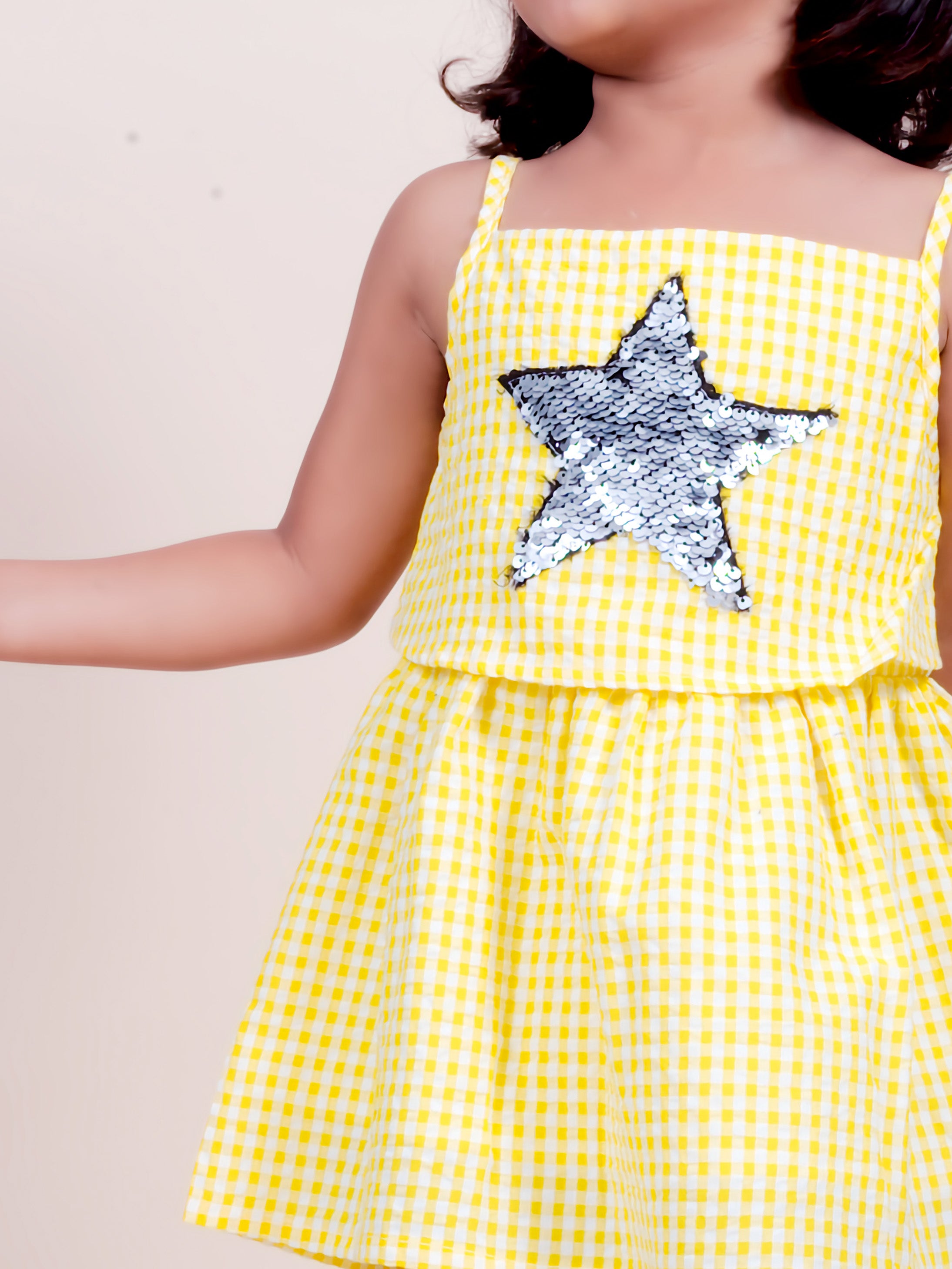 Little Carrot Yellow Beach Dress With Star Sequin Applique, , premium kids' wear for girls, size 3-4-years.